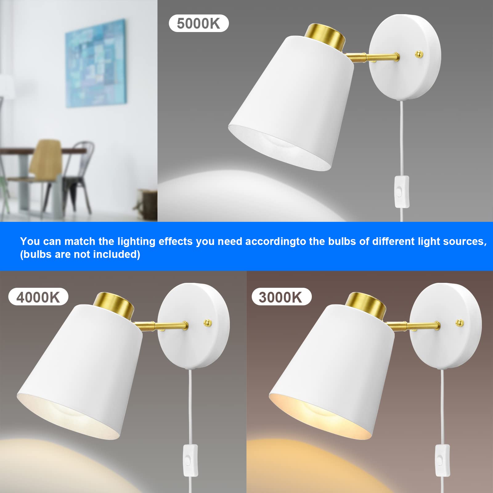 Yollzey Plug-in Wall Sconces - 2 Pack Adjustable Vintage Industrial Wall Lights with Rotatable Angle & White Finish | Perfect for Bedroom, Living Room, Hallway & Office Reading Lighting