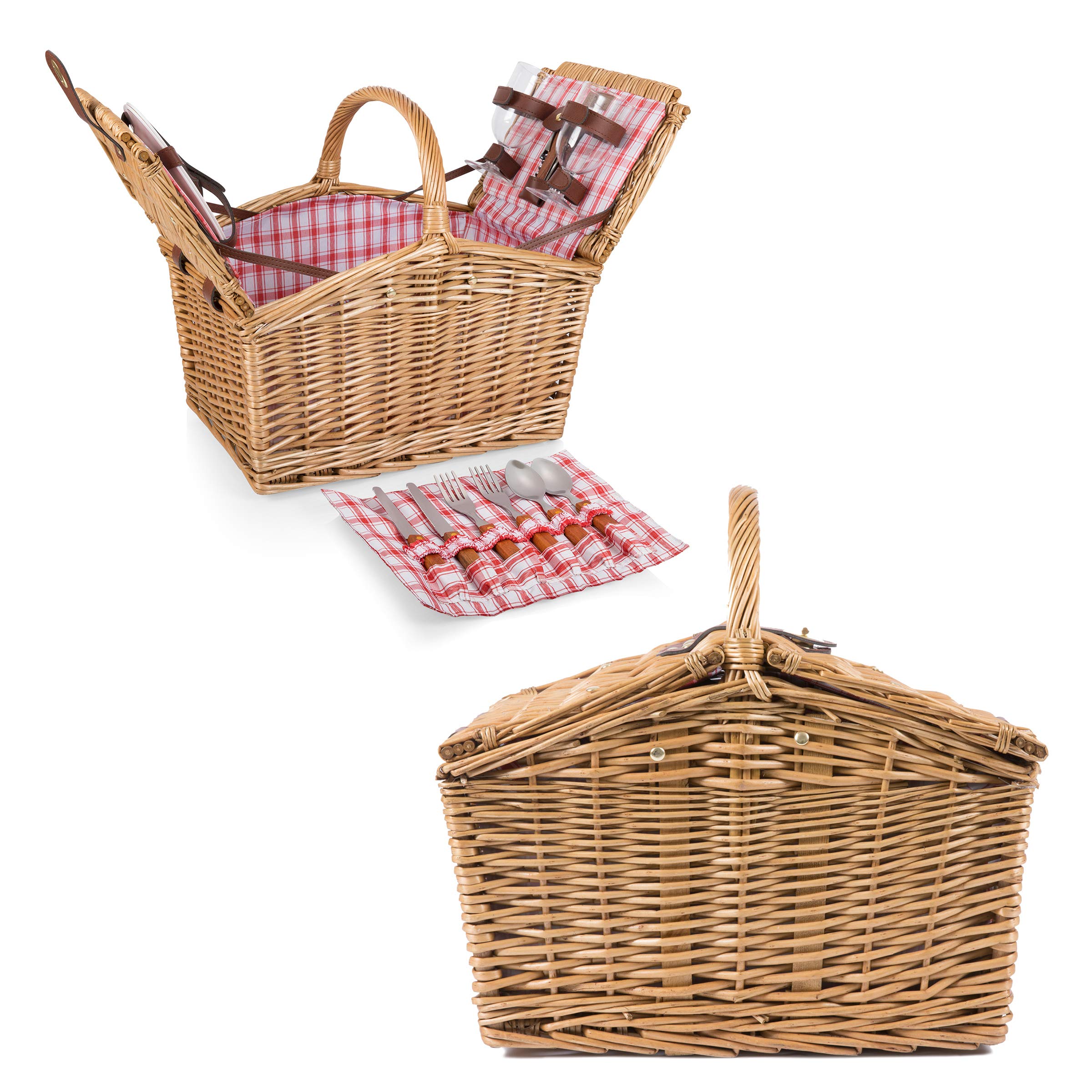 **PICNIC TIME Piccadilly Romantic Picnic Basket for 2 - Includes Utensil Set, Wine Glasses, Plates & Opener - Red & White Plaid Pattern - Perfect for Outdoor Dates, Beach Picnics & Anniversary Gifts**