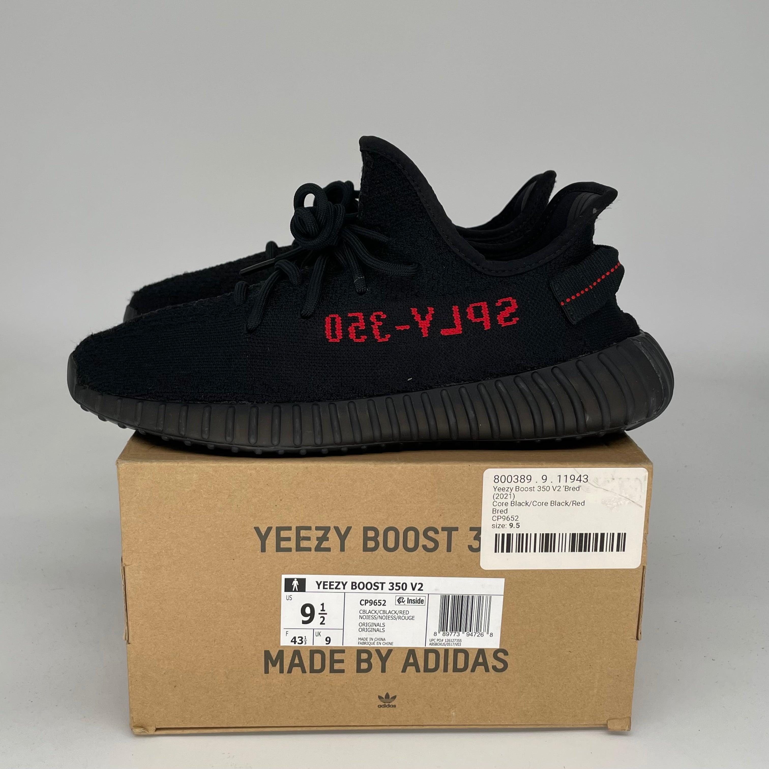 Adidas Yeezy Boost 350 V2 Bred Black Red Sneakers - Men's Size 9.5 (CP9652) | Running, Gym & Casual Wear