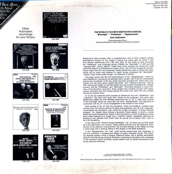 Arthur Rubinstein - The World's Favorite Beethoven Sonatas (Moonlight, Pathétique, Appassionata) LP Vinyl Record Album Reissue NM/M - Perfect for Classical Music Collectors & Audiophiles