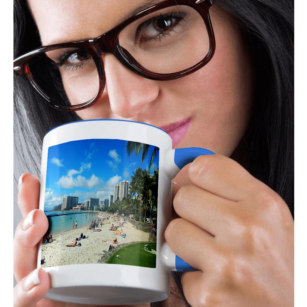 3D Rose 11oz Coffee Mug - Waikiki Beach & Honolulu Skyscrapers Hawaii Travel Design - Funny Novelty Gift Cup for Coffee Lovers - Perfect for Home, Office & Vacation Souvenirs