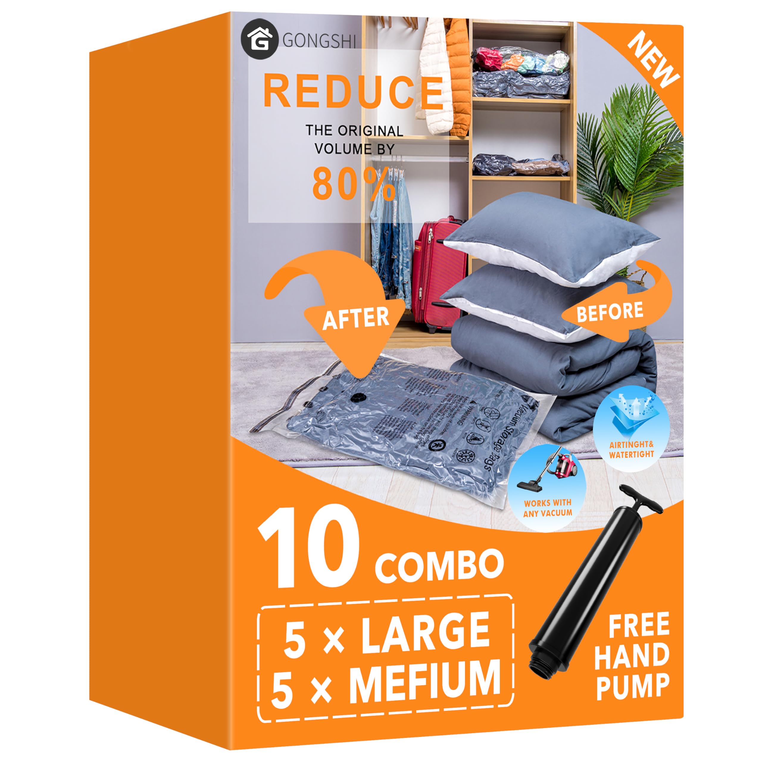 10 Pack Vacuum Storage Bags (5 Large + 5 Medium) - Space Saving Compression Bags with Hand Pump for Clothes, Blankets, Pillows | Travel & Home Organization Storage Solution