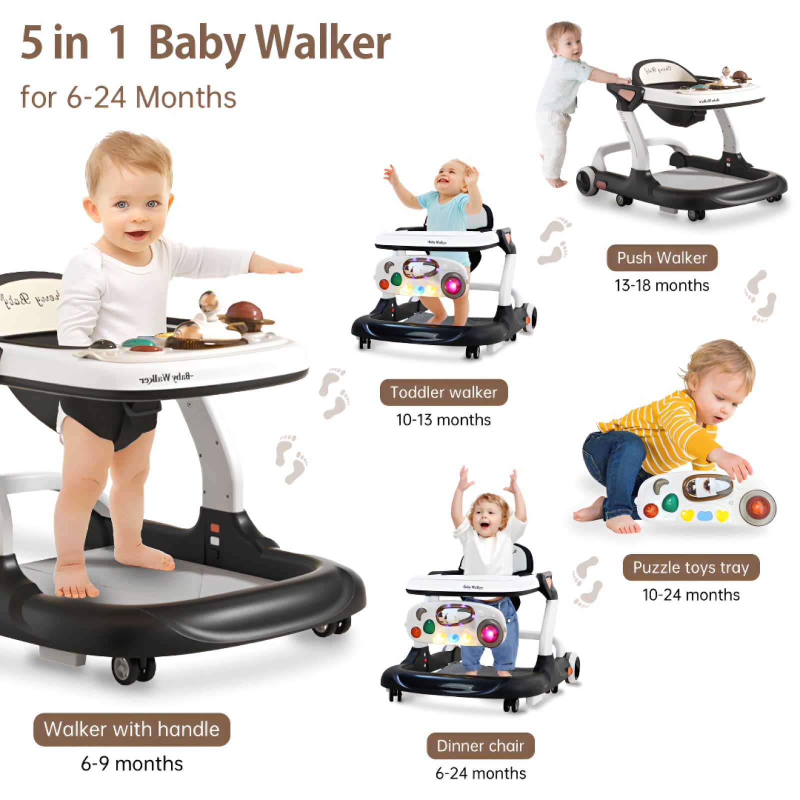 Adjustable Baby Walker with Wheels, Music & Lights - 9 Height Settings, Anti-Fall Design & Activity Center for Boys & Girls (6-18 Months) - Perfect for Learning to Walk, Playtime & Indoor Exploration