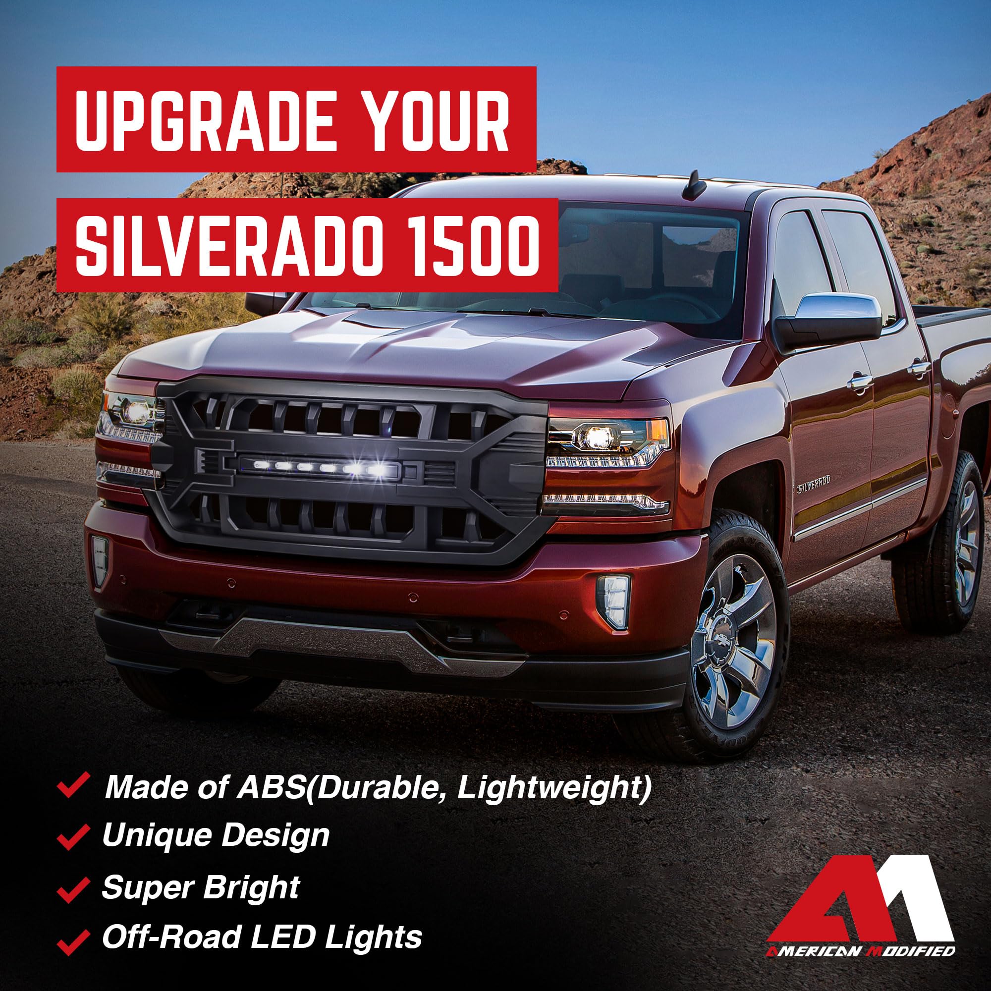 Heavy Duty AMERICAN MODIFIED Armor Grille with Off-Road LED Light Bar | Compatible with 2016-2019 Chevrolet Silverado 1500 | Matte Black Finish | Perfect for Off-Roading, Truck Customization & Night Driving