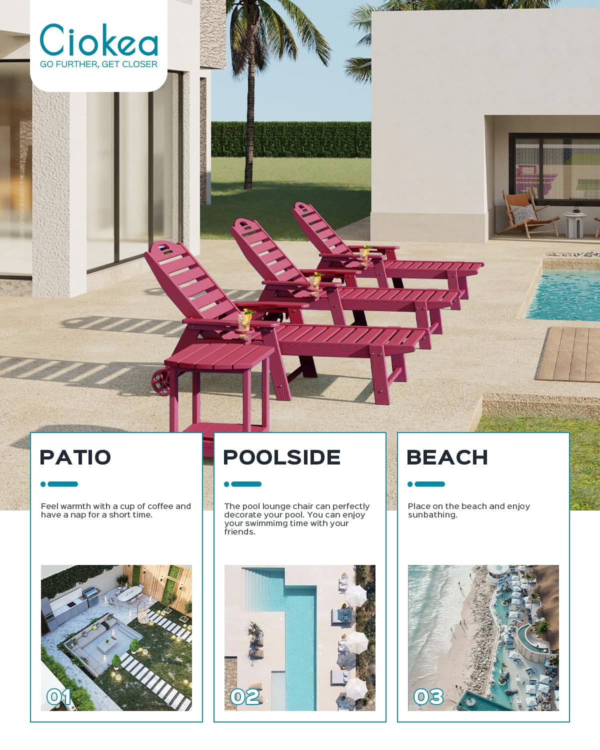 5-Position Adjustable Outdoor Chaise Lounge Chair with Wheels & Double Cup Holders - Wood Texture Patio Lounge for Poolside, Backyard, Beach - Perfect for Sunbathing & Relaxing (Red)