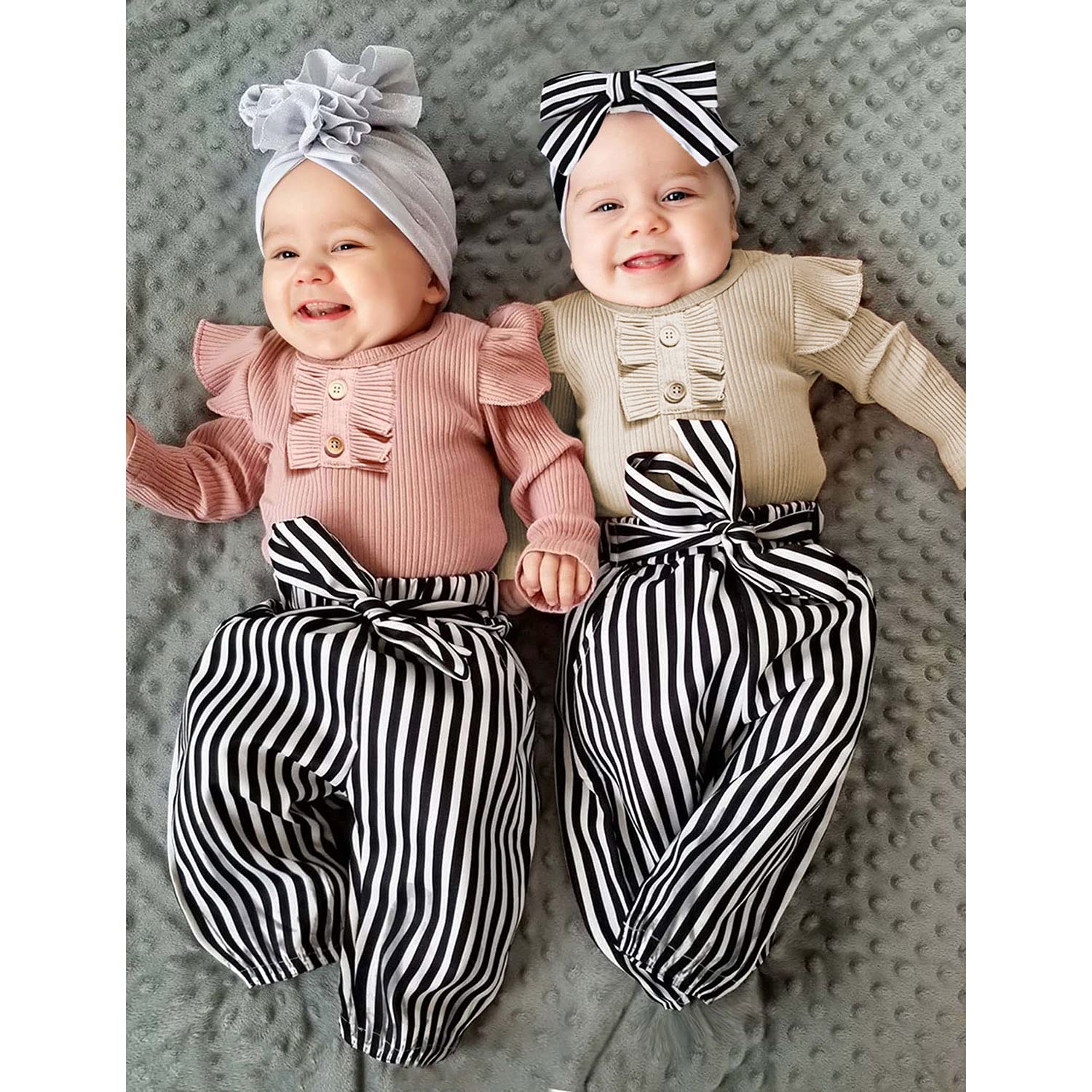 Adorable 3-Piece Newborn Baby Girl Outfit Set - Ribbed Ruffle Sleeve Romper, Floral Pants & Headband | Soft Cotton Infant Clothes for 0-12 Months | Perfect for Photoshoots, Parties & Special Occasions