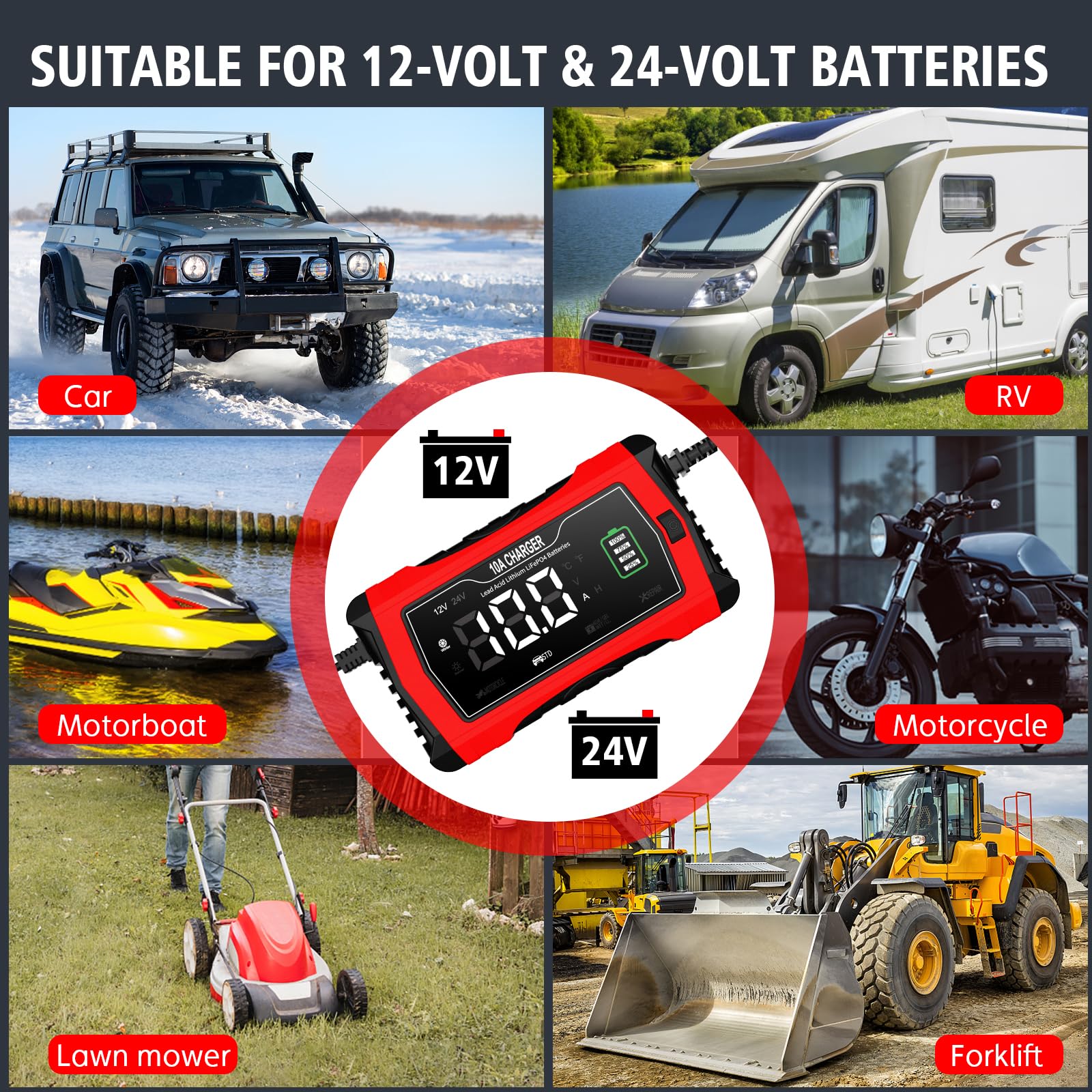 10-Amp 12V/24V Smart Car Battery Charger & Maintainer - Trickle Charger for Automotive, SUV, Motorcycle, Boat - Compatible with Lead-Acid, Lithium & LiFePO4 Batteries - Perfect for Winter Storage & Long-Term Vehicle Maintenance