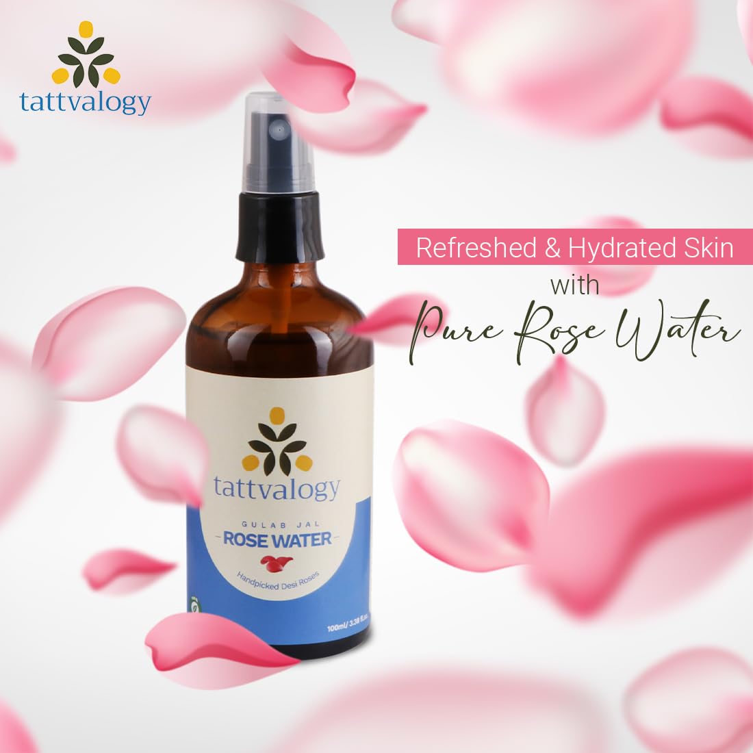 Tattvalogy Pure Rose Water (Gulab Jal) - 100% Natural Hydro Distilled Facial Toner for Skin Cleansing & Hydration | Alcohol-Free, Fragrance-Free | Glass Bottle 100ml | Perfect for Daily Skincare, Makeup Removal & Soothing Irritated Skin