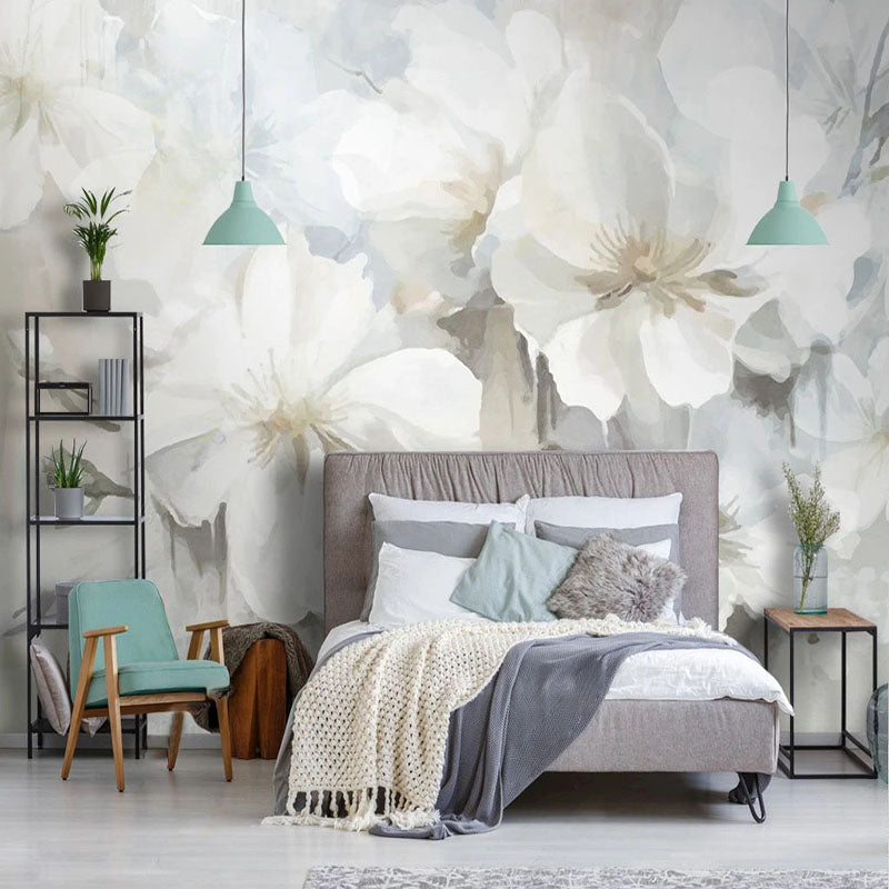 White Floral Wallpaper Murals - Stunning Botanical Design for Living Room & Bedroom Decor