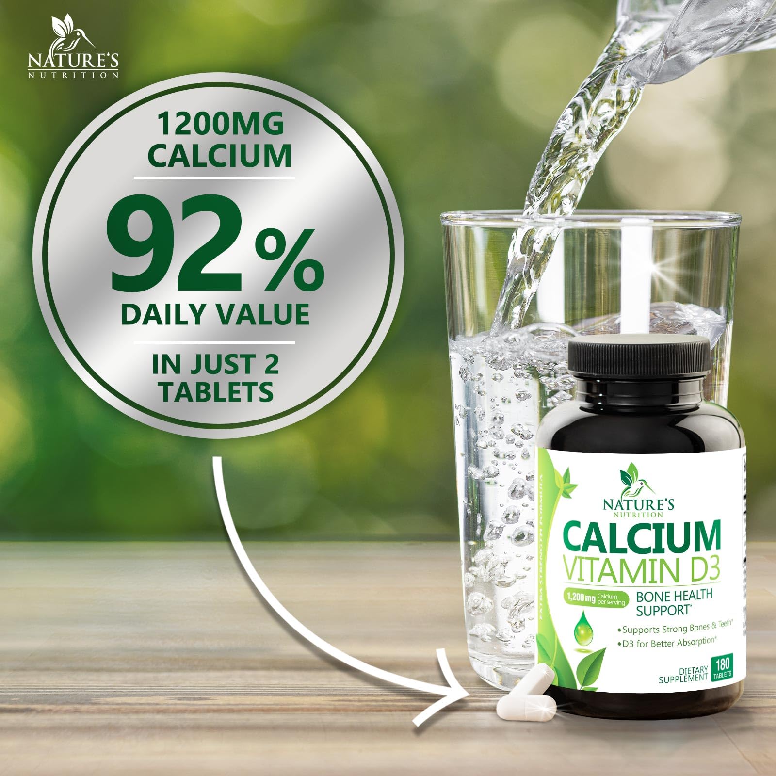 1200mg Calcium with Vitamin D3 Supplement - Supports Bone Strength, Teeth & Immune Health - Absorbable Calcium Carbonate for Women & Men - 180 Tablets - Ideal for Daily Bone Support & Healthy Aging