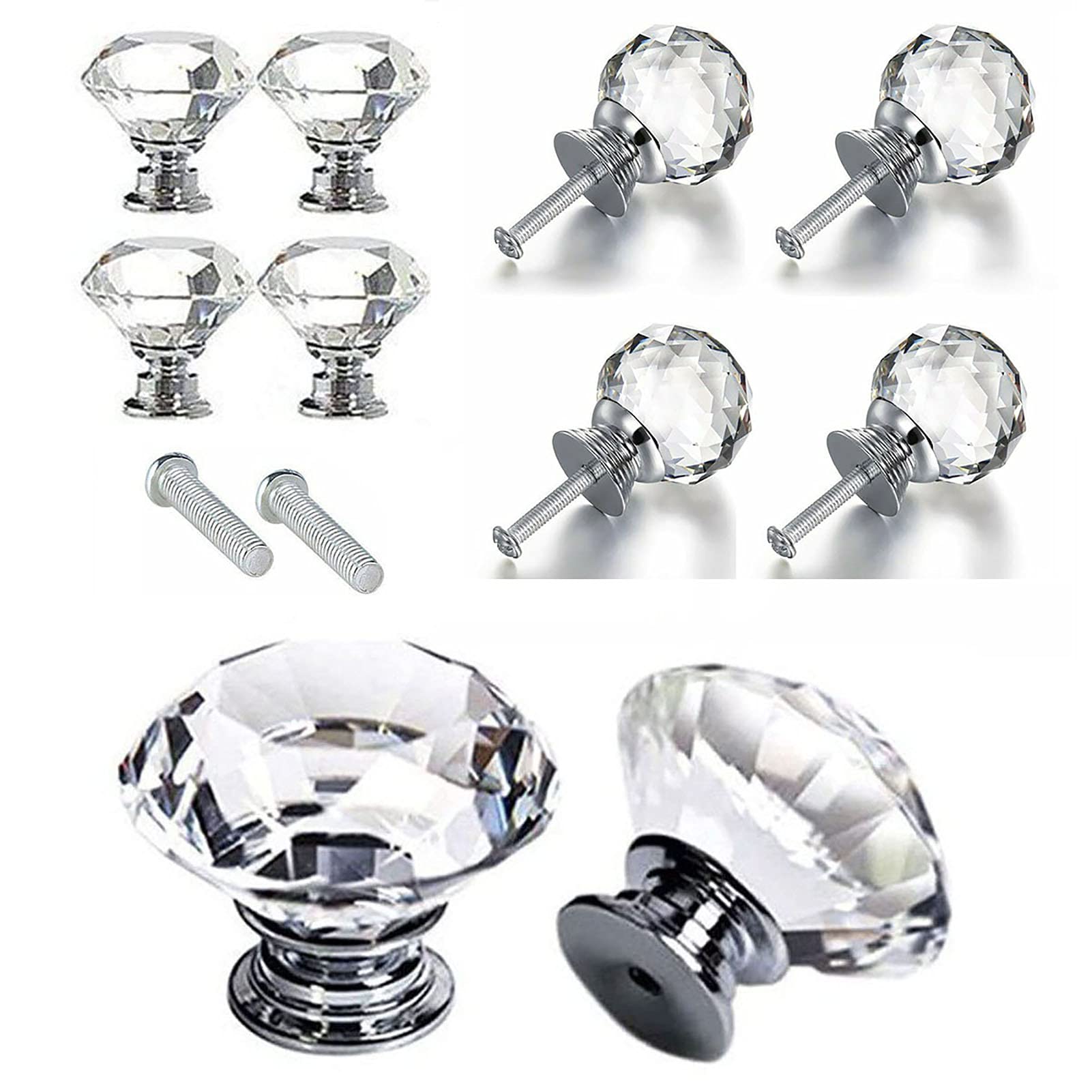Crystal Cabinet Knobs - 5Pcs Diamond Shaped Glass Drawer Pulls with Screws (20mm) | Elegant Dresser & Cupboard Handles for Bedroom Furniture & Home Decor
