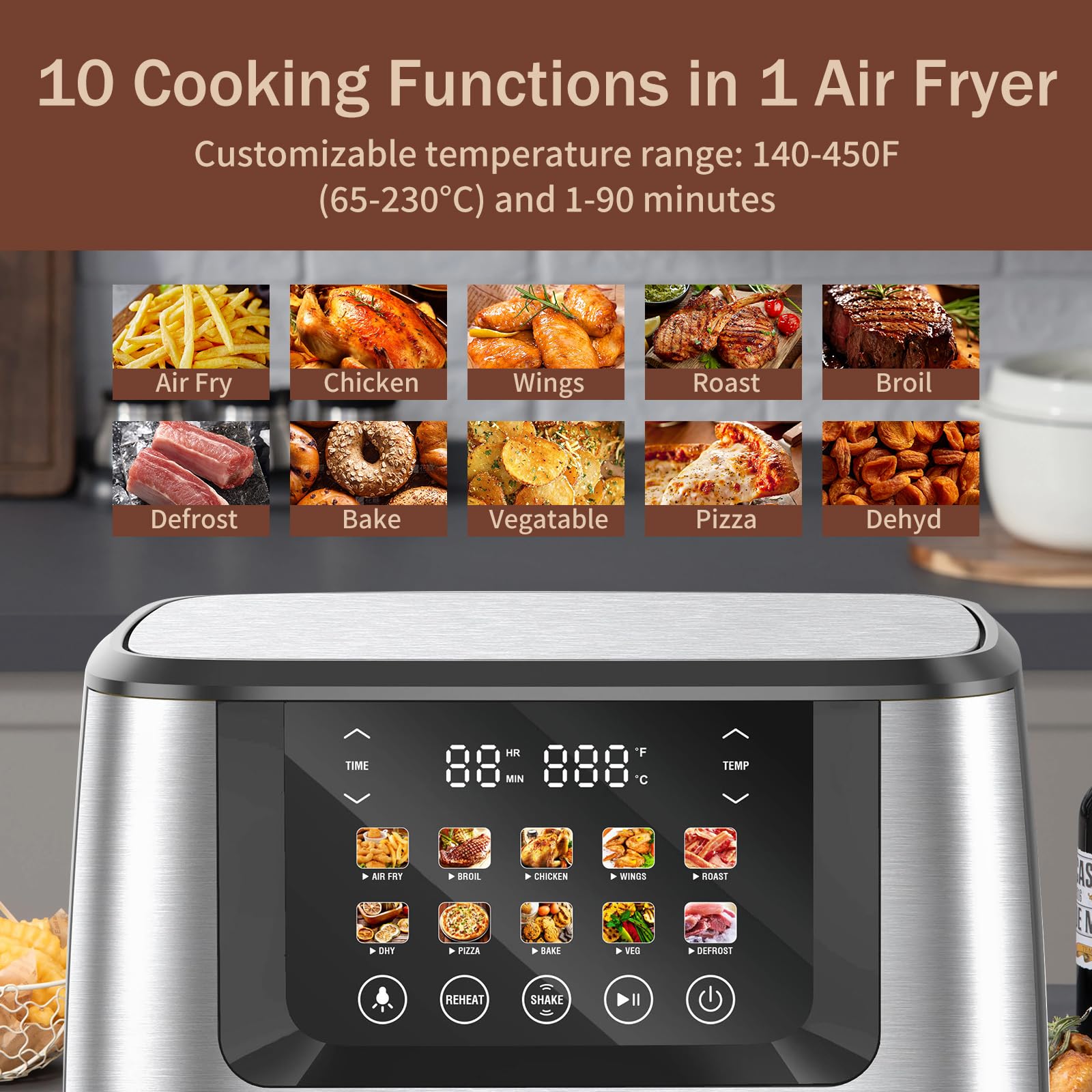 SEEDEEM Max XL 8 Quart Air Fryer Toaster Oven Combo - 10-in-1 Multi-Function Countertop Convection Oven with LCD Touchscreen, Clear Cooking Window (Bake, Roast, Broil, Dehydrate) - Perfect for Family Cooking, Meal Prep & Healthy Eating - Silver