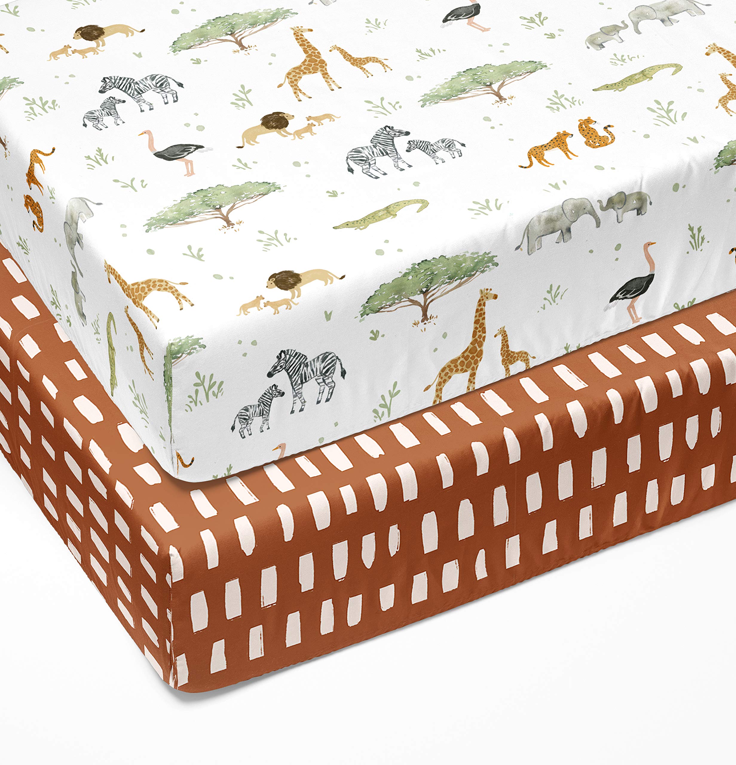 Organic Cotton Blend Crib Sheets 2-Pack - Soft Neutral Fitted Crib Bedding for Baby Boys & Girls - Standard & Toddler Mattress Size (Safari Adventure) - Perfect for Nursery, Daycare & Travel