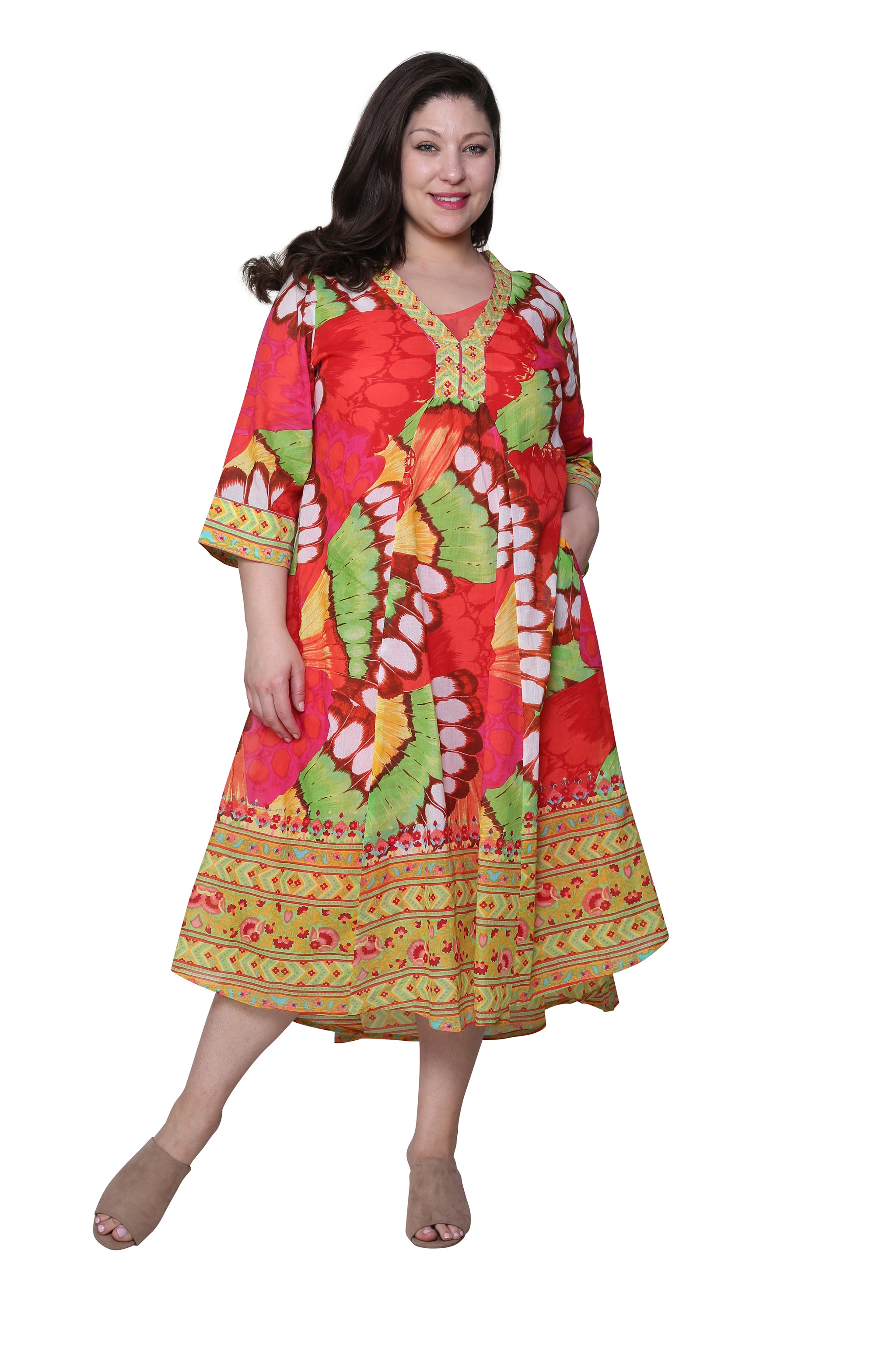 La Cera Women's Plus Size High Low Butterfly Printed Caftan Dress - Flowy Beach Cover Up for Summer Vacation, Pool Party & Boho Fashion