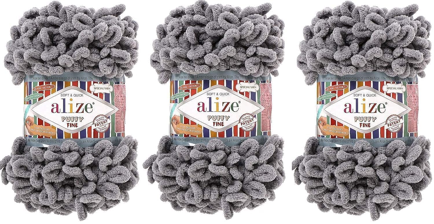 Alize Puffy Fine Yarn - 3 Skeins (300g, 48yds) 100% Micropolyester Super Soft Chunky Knitting Yarn for Baby Blankets, Scarves & Hats | Hand Knitting, Crochet & DIY Craft Projects