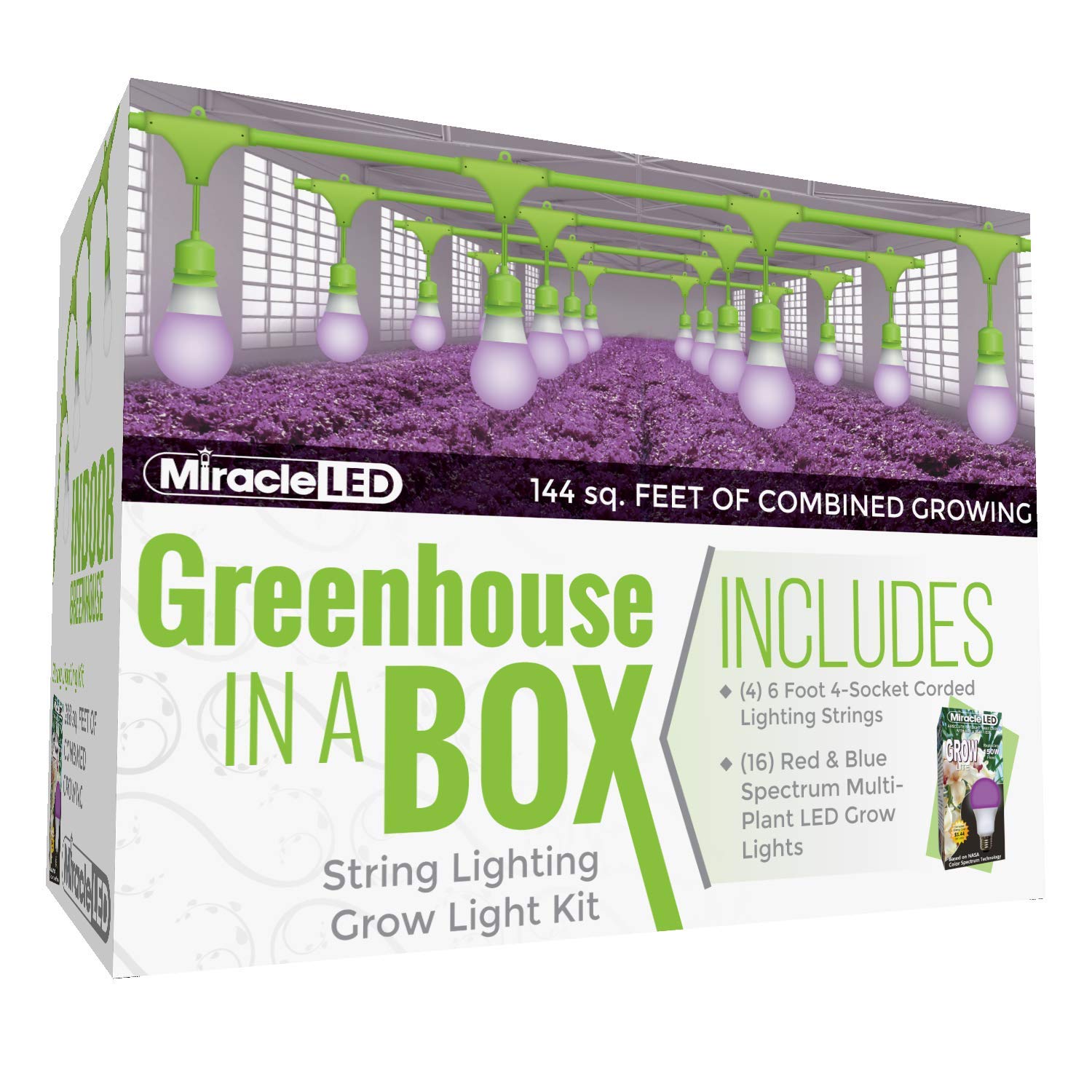 Miracle LED Greenhouse in a Box Grow Kit - 150W Full Spectrum Grow Lights for Indoor Plants (4-Pack, 16 Bulbs) with 4-Socket Fixture - Perfect for Hydroponics, Herb Gardens & Year-Round Plant Growth