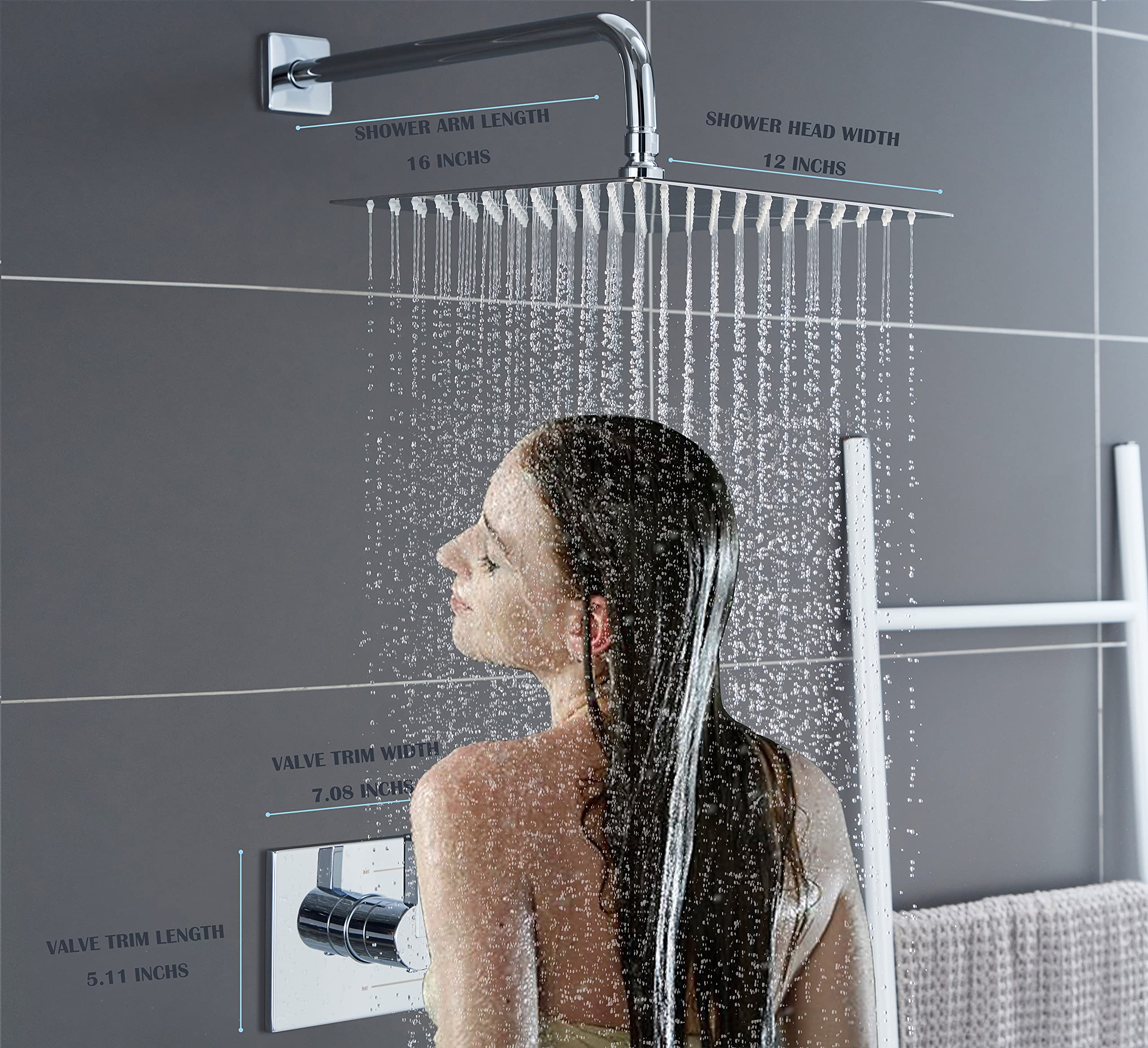 Rain Shower System with Waterfall Tub Spout - 2 Function Chrome Shower Faucet Set Includes 12 Inch Shower Head & Tub Spout Trim Kit (Valve Included) - Perfect for Modern Bathroom & Spa Experience