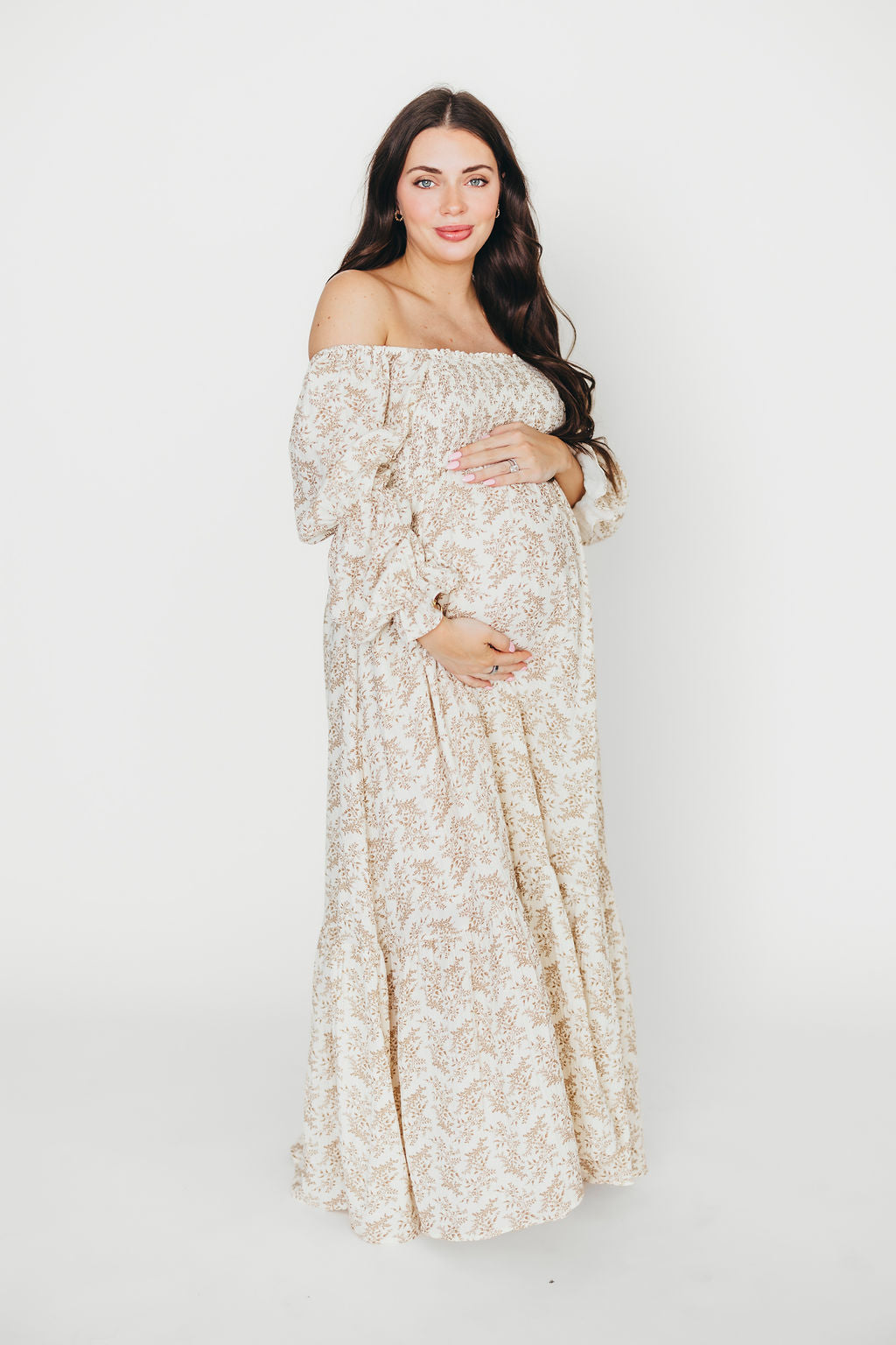 Emerson 100% Cotton Gauze Maxi Dress - Natural/Tan Floral Print, Bump Friendly Maternity Dress for Women | Boho Summer Beach Dress, Pregnancy Photoshoot, Casual Outfit