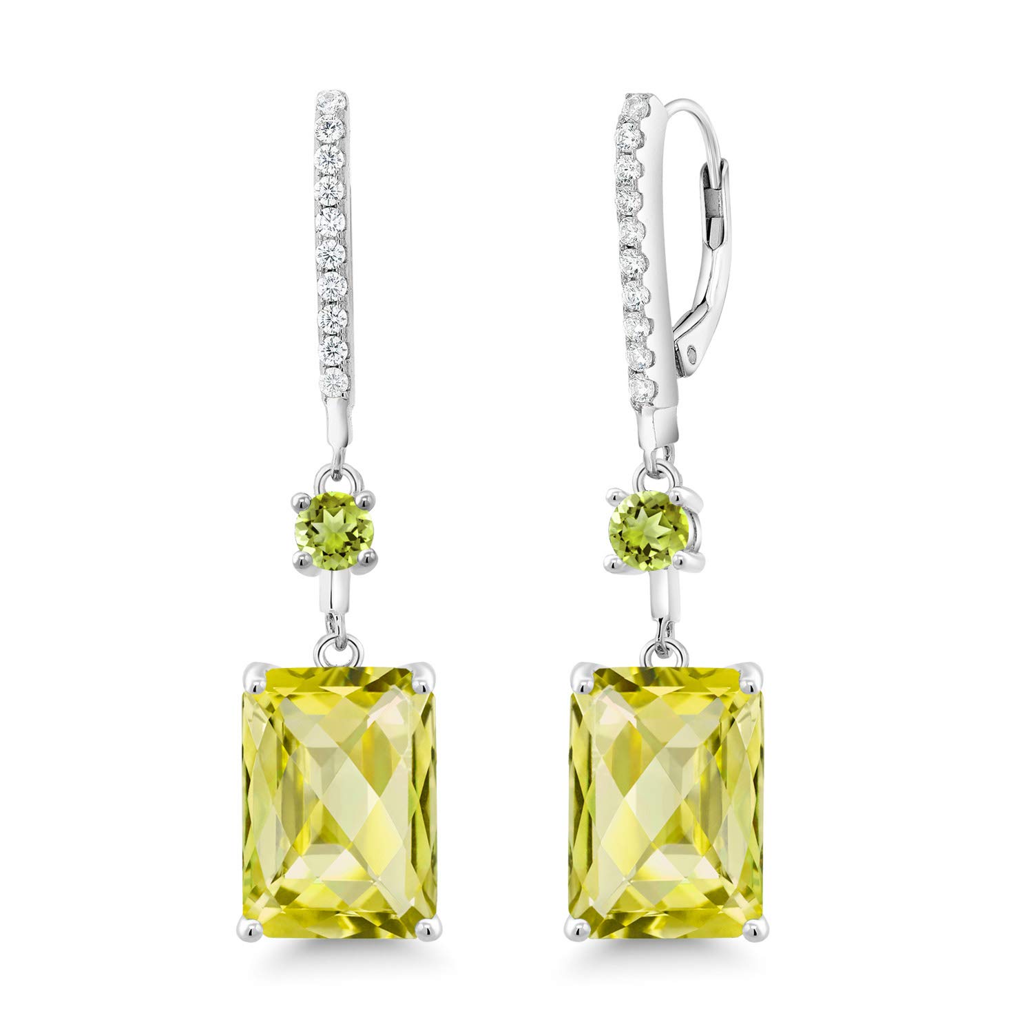 14.60 Ct Emerald Cut Lemon Quartz & Peridot Dangle Earrings in 925 Sterling Silver - Elegant Gemstone Jewelry for Women, Perfect for Parties, Weddings & Special Occasions