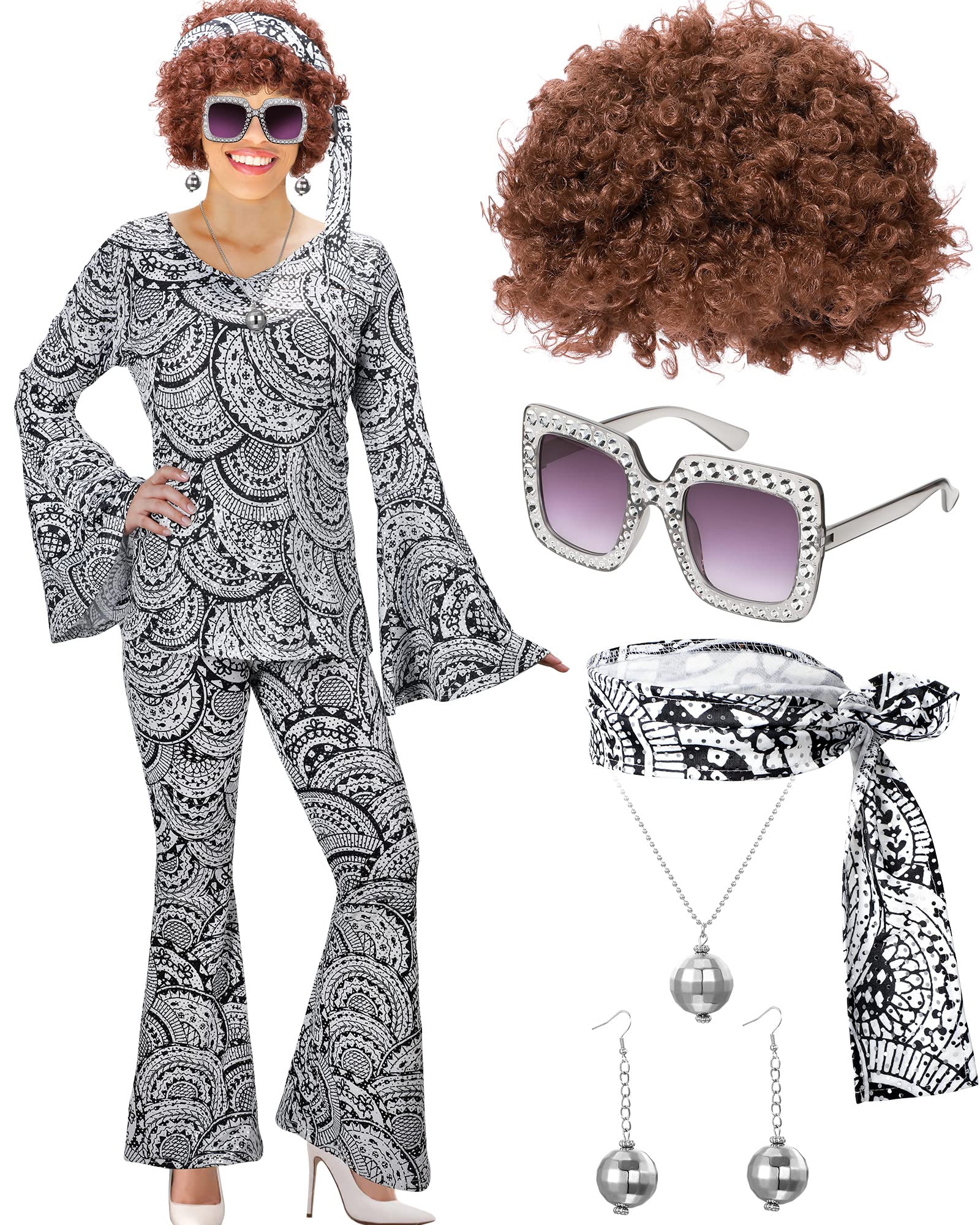 70s Disco Costume for Women - Vintage Disco Party Outfit with Top, Pants, Sunglasses, Necklace & Earrings - Perfect for Halloween, Theme Parties & Dance Events