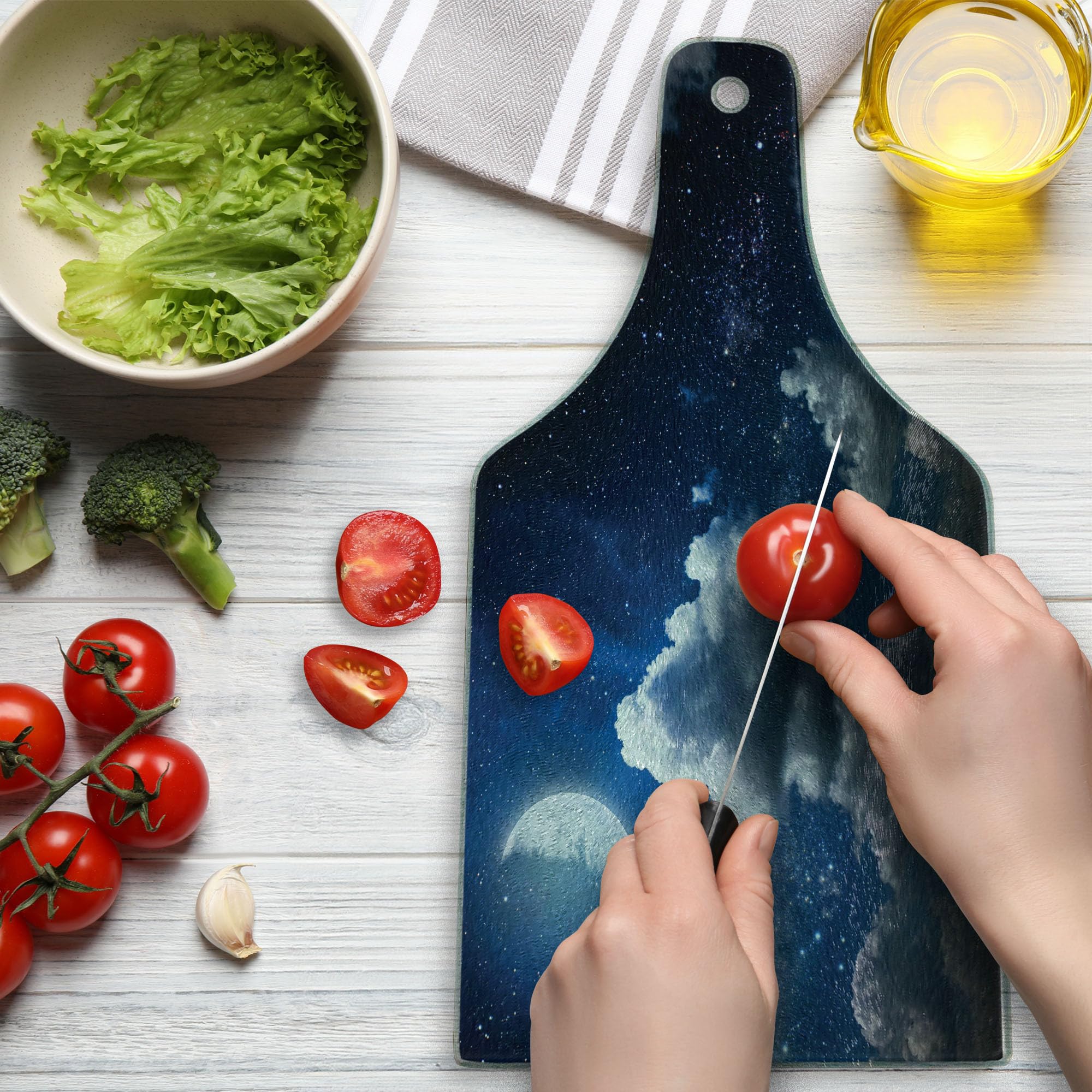 Ambesonne Celestial Solar Night Sky Cutting Board - Tempered Glass Serving Board with Stars, Moon, and Clouds Design - Dark Blue & White Wine Bottle Shape - Perfect for Entertaining, Kitchen Decor, and Gift Giving
