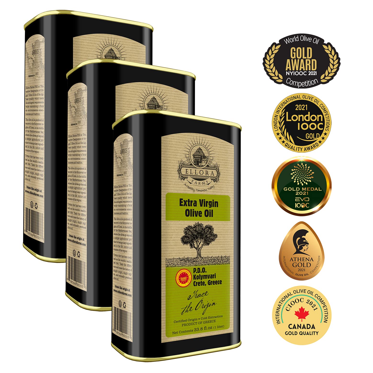 Ellora Farms Greek Extra Virgin Olive Oil - Certified Single Estate PDO, Traceable, Harvested in Crete, Kosher Certified, 1L x 3 Tins (101.4 Fl Oz) - Perfect for Cooking, Salad Dressings & Gourmet Recipes
