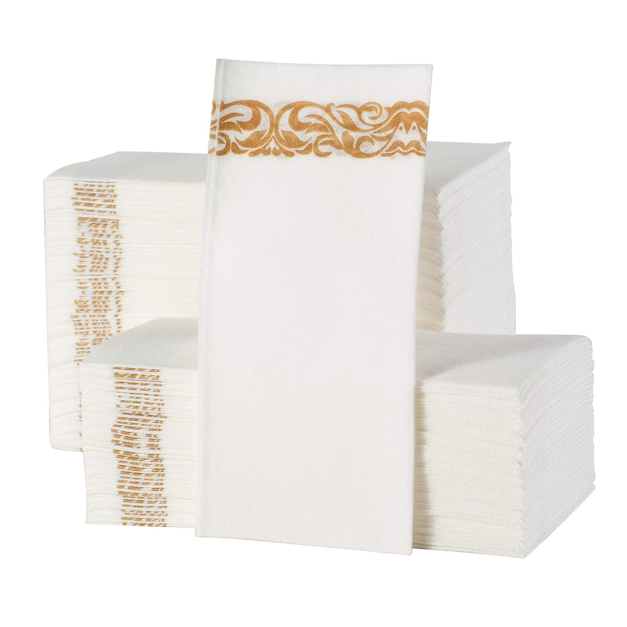 200 Premium Disposable Guest Towels for Bathroom & Kitchen - Soft Linen-Feel Decorative Hand Towels | Absorbent Paper Dinner Napkins for Weddings, Parties & Events (Elegant White & Gold) - Perfect for Upscale Gatherings & Luxury Home Decor