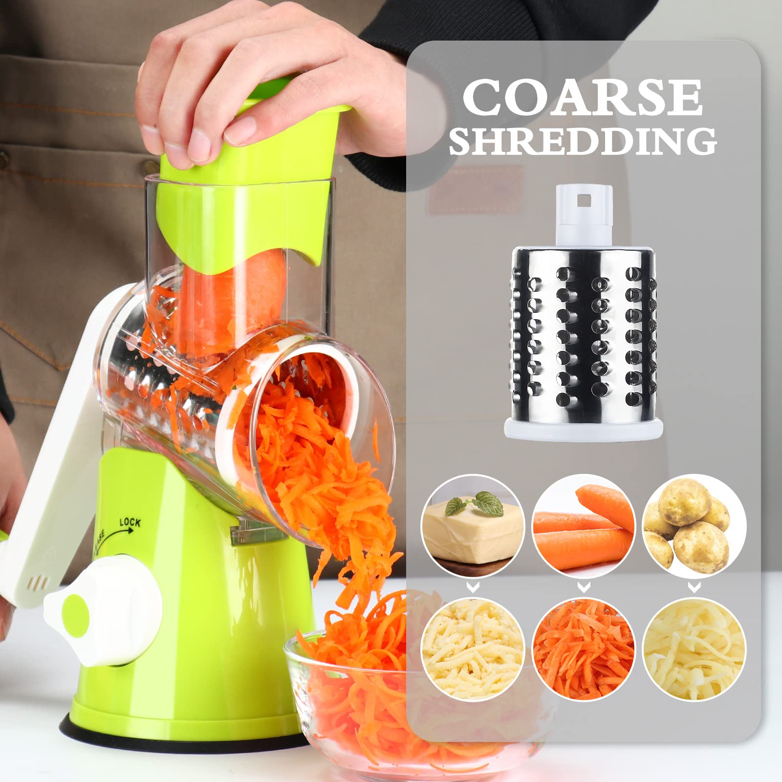 Premium Rotary Cheese Grater Shredder - 3 Interchangeable Blades for Cheese, Nuts, Carrots, Potatoes & More | Manual Round Mandolin Slicer with Safety Guard | Ideal for Kitchen, Camping & Meal Prep (Green)