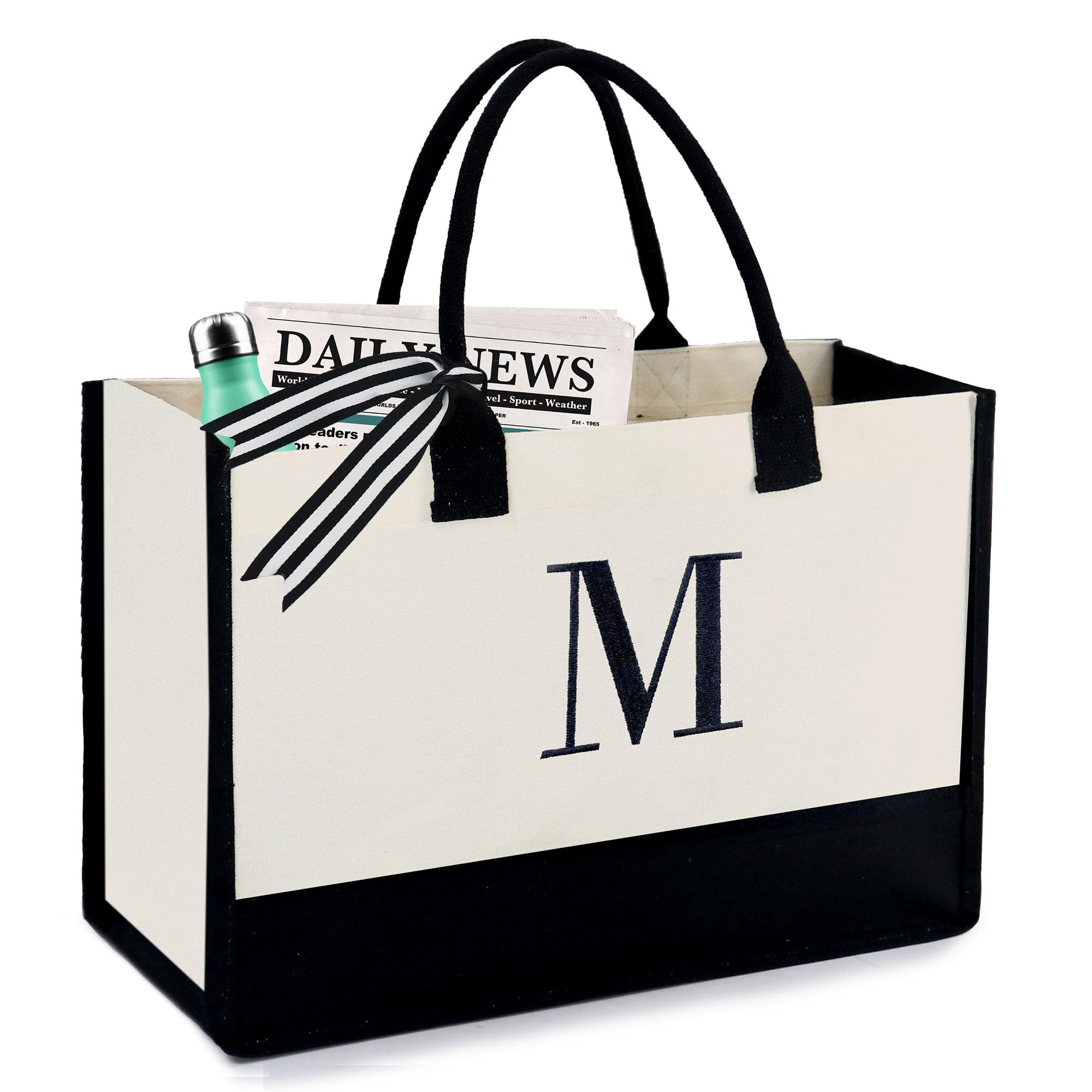 BeeGreen Personalized Initial Tote Bag for Women - 13oz Canvas Gift with Pocket - Birthday Present for Sister, Mom, Friends & Teacher - Perfect for Shopping, Work, and Daily Use
