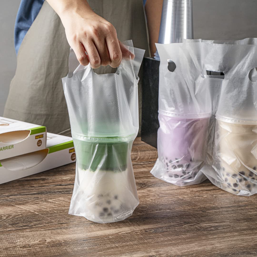 Restaurantware 100-Pack Clear Plastic Drink Carriers with Handles - Disposable Single Cup Bags for Coffee, Tea & Juice Delivery - Perfect for Takeout, Catering & Food Service Businesses