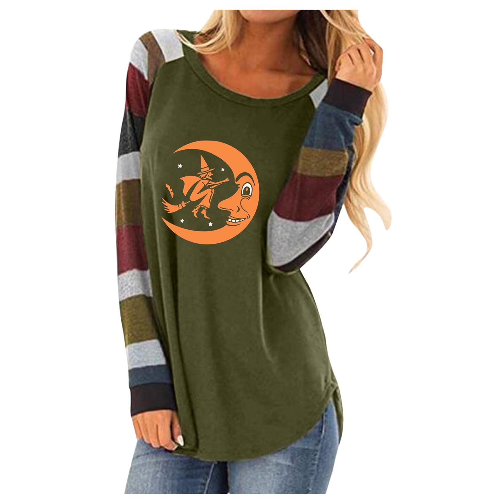 Women's Halloween Costume - Vintage Colorblock Crewneck Long Sleeve T-Shirt | Casual Halloween Print Top for Party, Cosplay & Festive Outfits