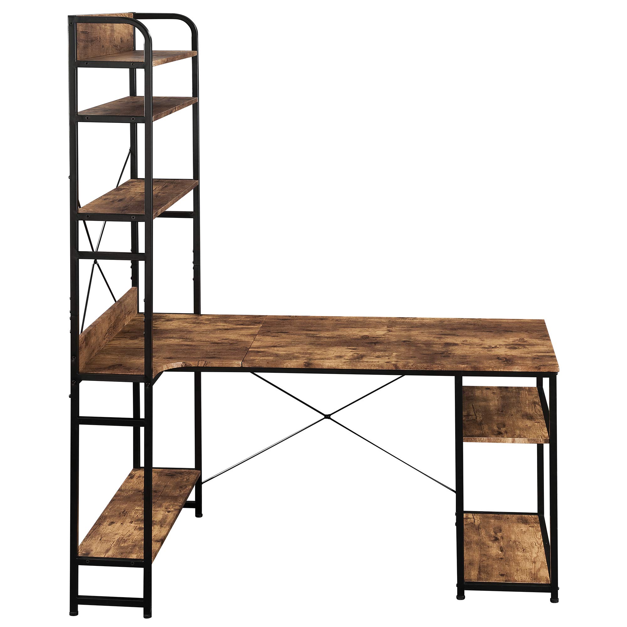 Veryke Home Office Computer Desk with 5-Tier Open Bookshelf - Sturdy Metal Frame & MDF Board Gaming Desk in Brown | Perfect for Small Spaces, Remote Work & Student Study Areas