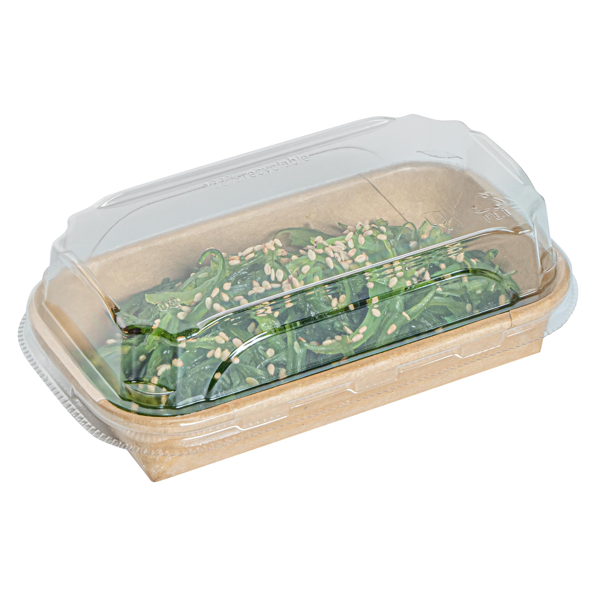 Matsuri Vision 5.6 x 3.2 x 1.2 Inch Clear Plastic Dome Lids for Sushi Containers - 50 Pack Airtight No-Fog Lids (Containers Sold Separately) - Perfect for Sushi Restaurants, Catering & Takeout Boxes