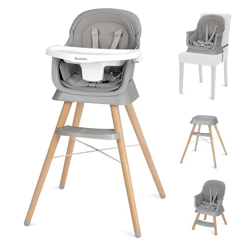 Ezebaby 6-in-1 Adjustable Wooden High Chair for Babies & Toddlers - Convertible to Booster Seat with Double Cushions (Grey) - Perfect for Dining, Travel & Home Use