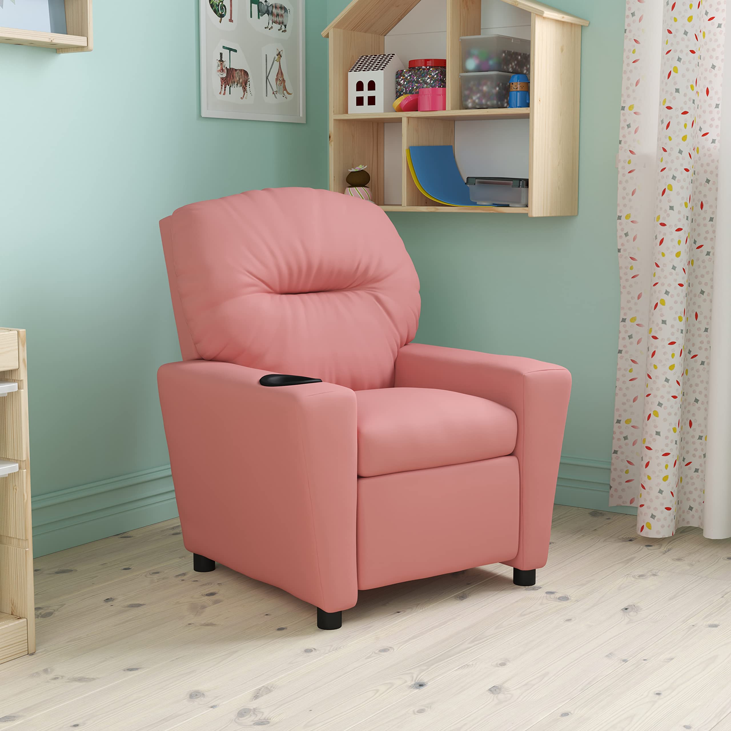Pink Vinyl Kids Recliner Chair with Cup Holder - Comfortable Lounge Chair for Children's Room, Playroom & Nursery - Perfect for Reading, Watching TV & Relaxing