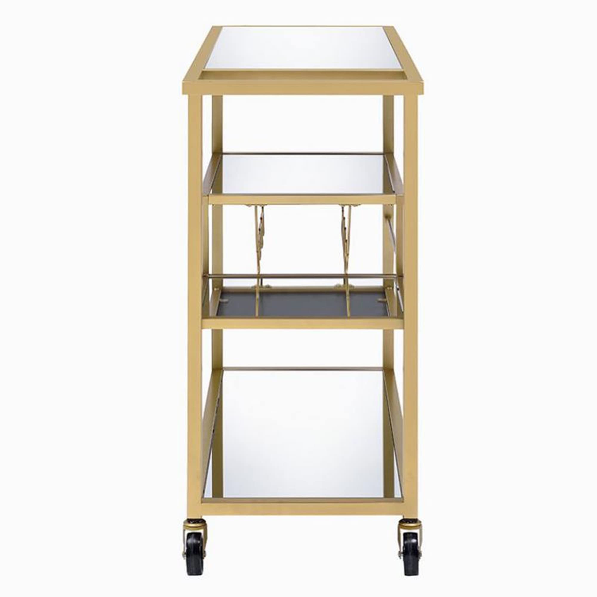 Benjara Gold Metal Serving Cart with Wine Bottle Holder - Elegant Clear Glass Top for Home Bar, Kitchen, and Outdoor Entertaining