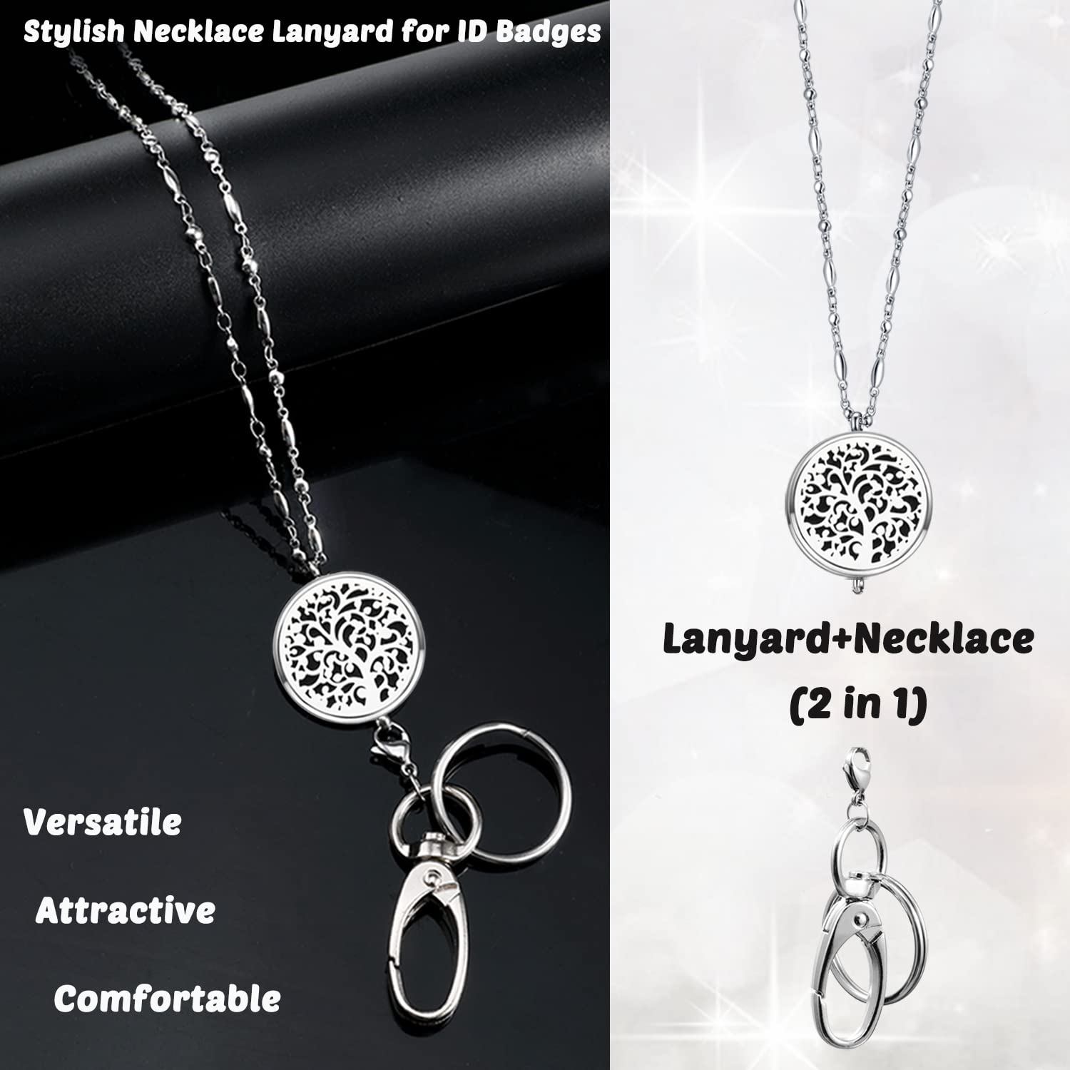 Premium Stainless Steel Lanyard for ID Badges & Keys - Adjustable Badge Holder with Keychain, Diffuser Necklace for Women - Perfect for Teachers, Nurses, Students & Office Work - Ideal for Jewelry Display & Family Tree Keepsakes