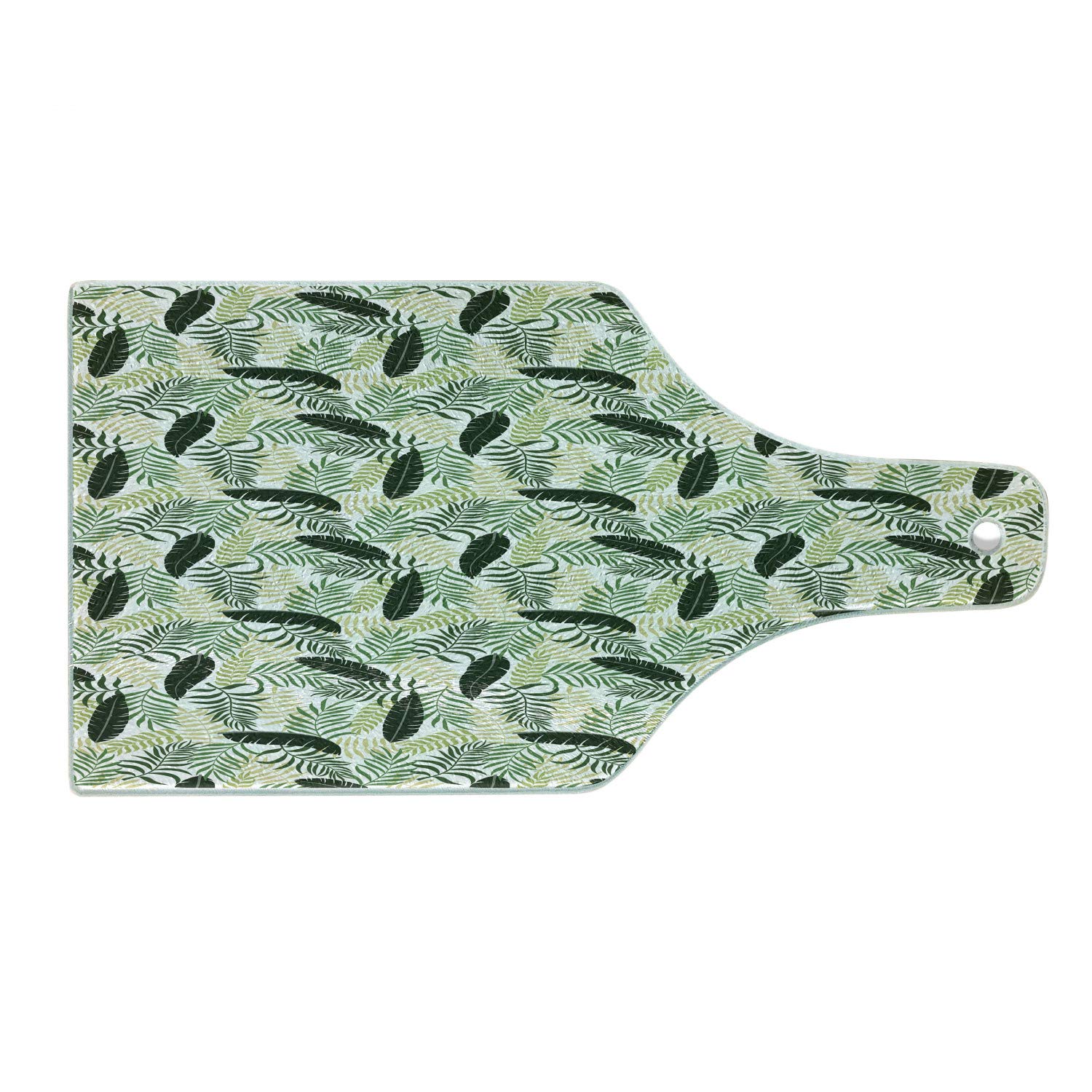 Ambesonne Botanical Tempered Glass Cutting Board - Monstera Fan Palm Banana Leaves Design - Decorative Serving Board for Kitchen - Wine Bottle Shape in Khaki Dark Green & White - Perfect for Food Prep, Charcuterie & Entertaining