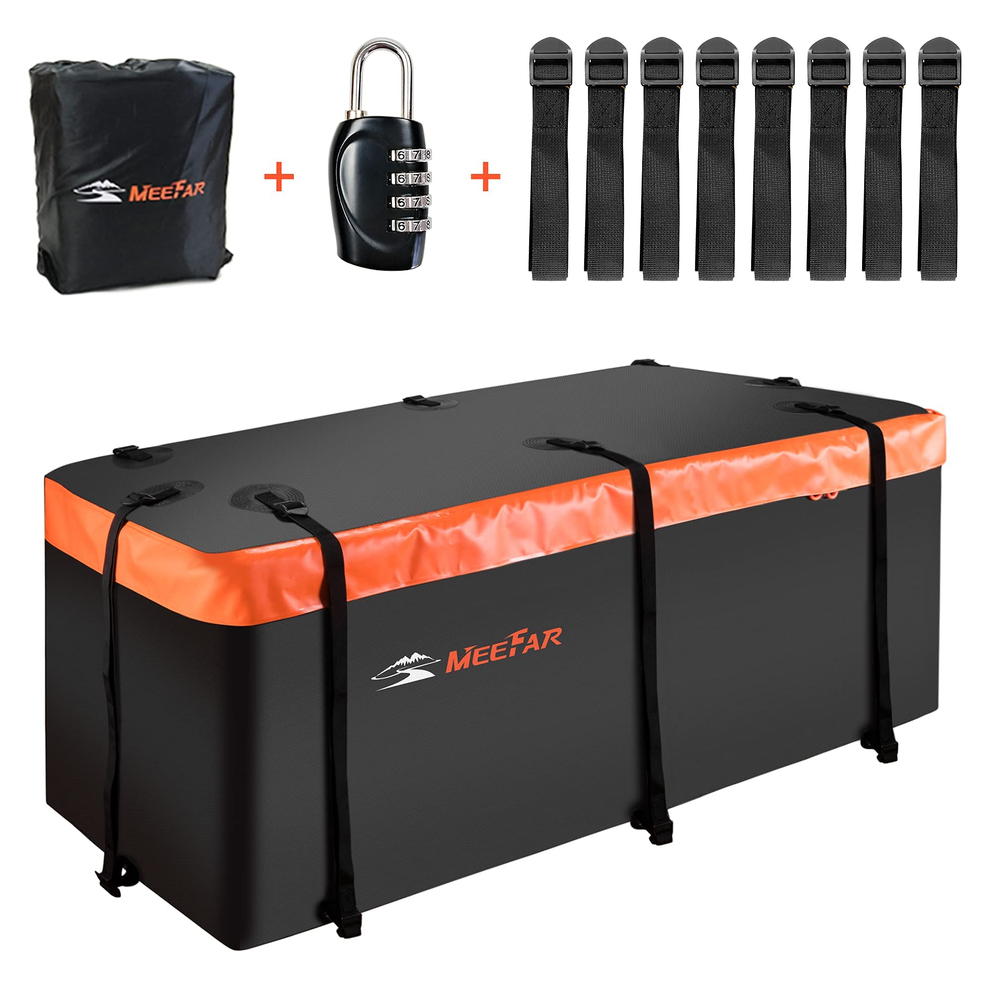 MeeFar 20 Cubic Feet Waterproof Hitch Mount Cargo Carrier Bag & 15 Cubic Feet Roof Bag Combo - Soft Shell Car Storage for Camping, Travel & Road Trips