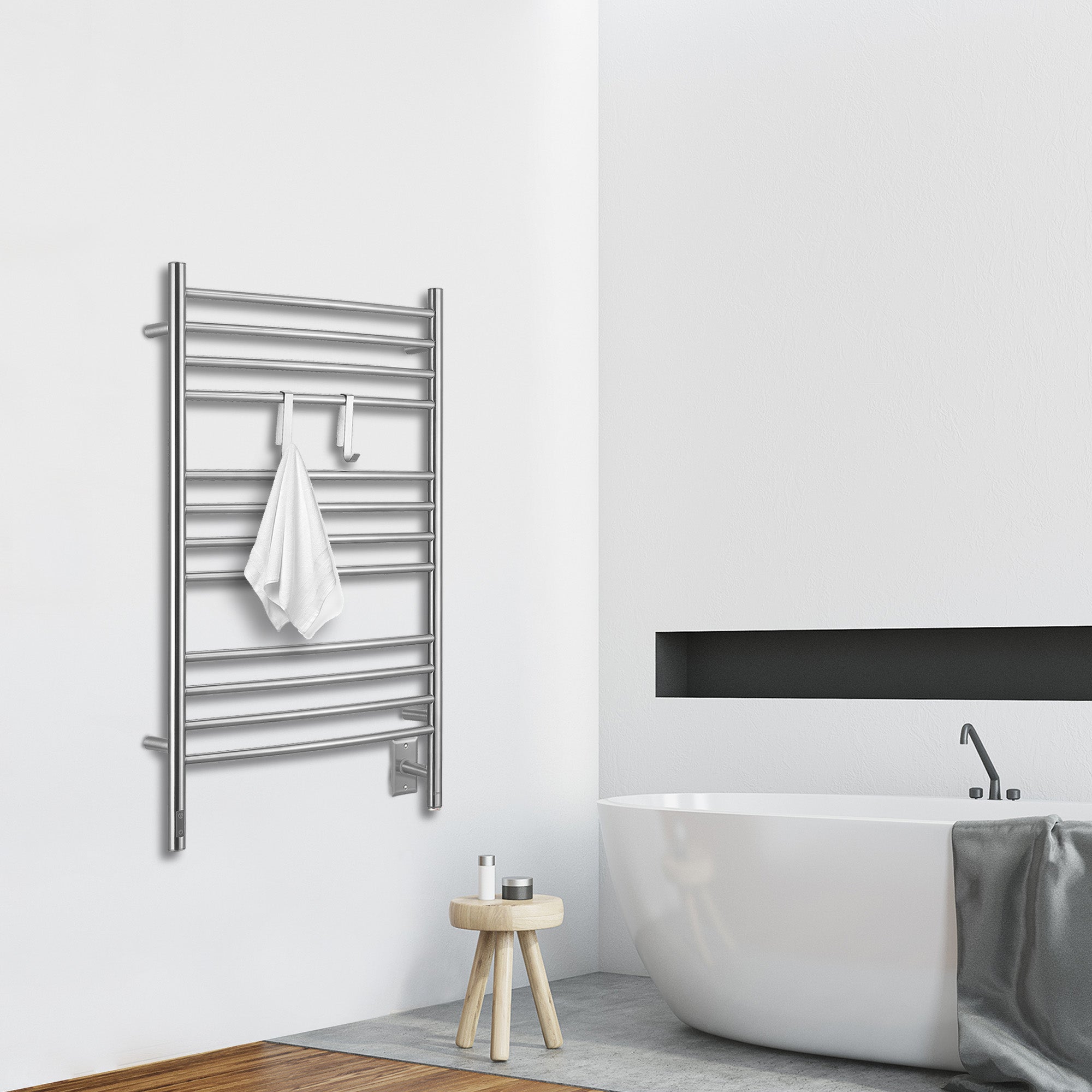 Dual Wall Mount Towel Warmer with 2 Adjustable Hooks & Timer - Brushed Stainless Steel - Perfect for Bathroom, Spa, and Luxury Home Use