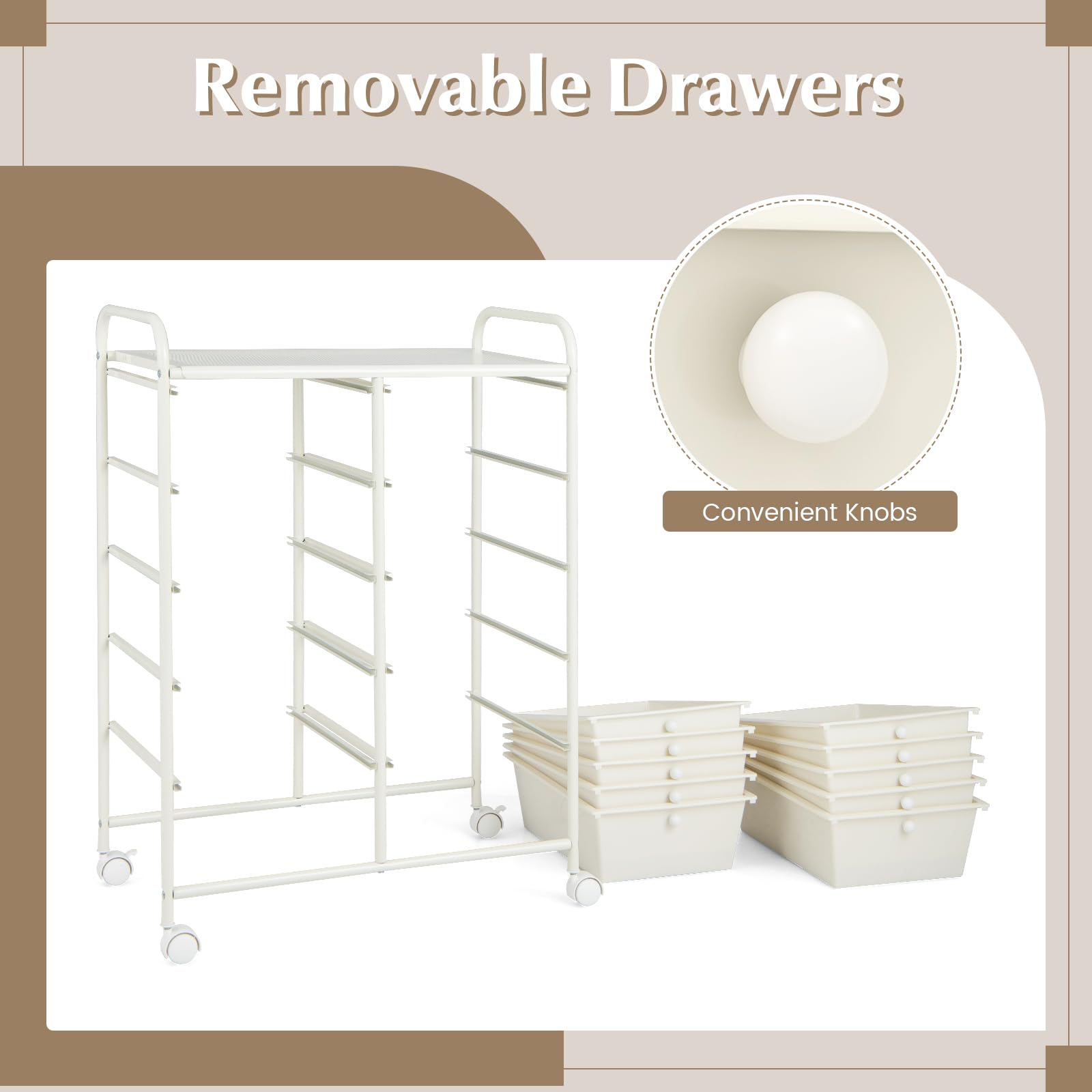 GOFLAME 10-Drawer Rolling Storage Cart with Wheels - Multipurpose Mobile Organizer for Art Supplies, Crafts, School, Office & Home Use - Ivory Utility Cart for Easy Storage & Organization