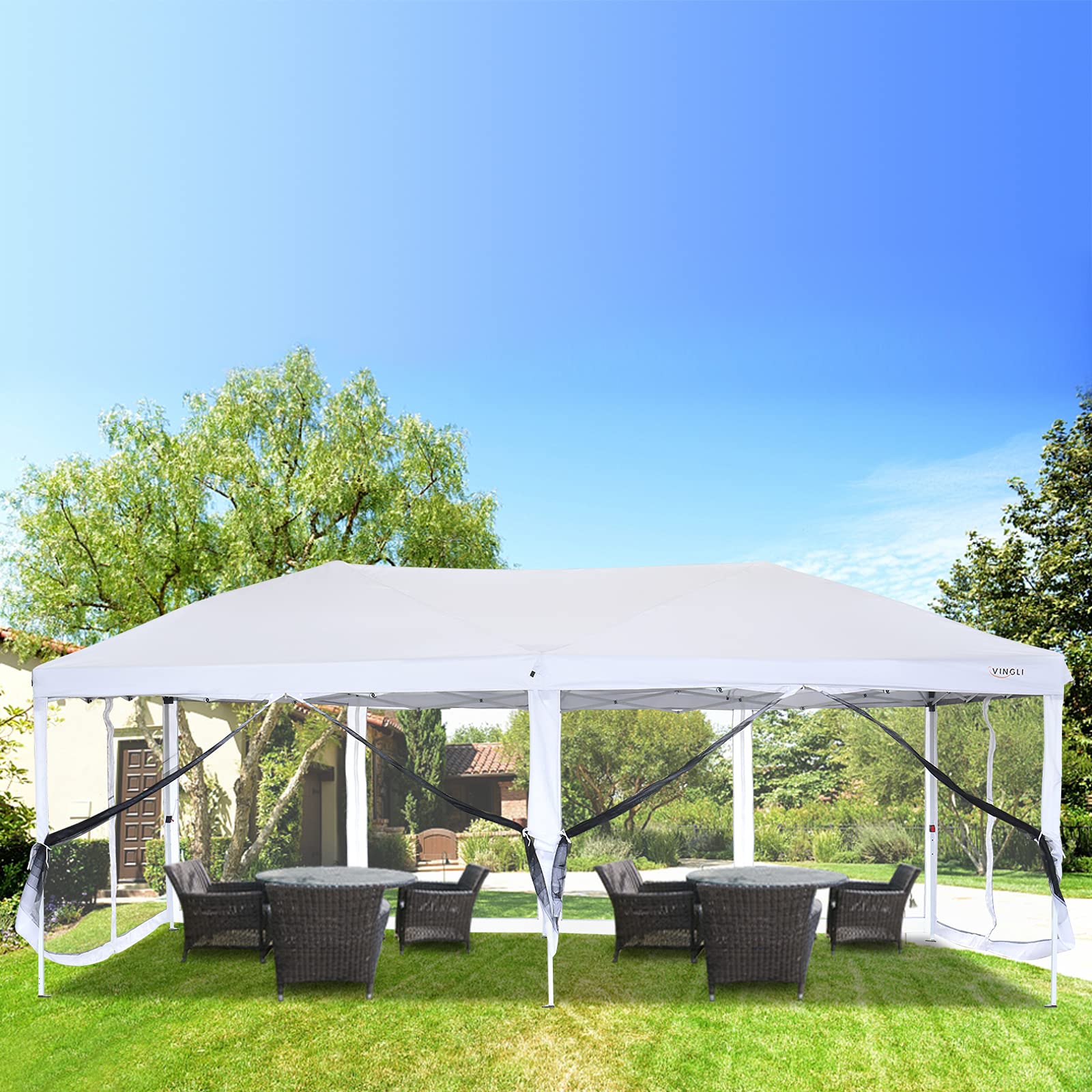 VINGLI 10x20 Pop Up Canopy Tent with Sidewalls & Wheeled Carry Bag - Portable Screen Gazebo with Netting for Outdoor Camping, Backyard Parties, Beach Picnics & Tailgating (White)