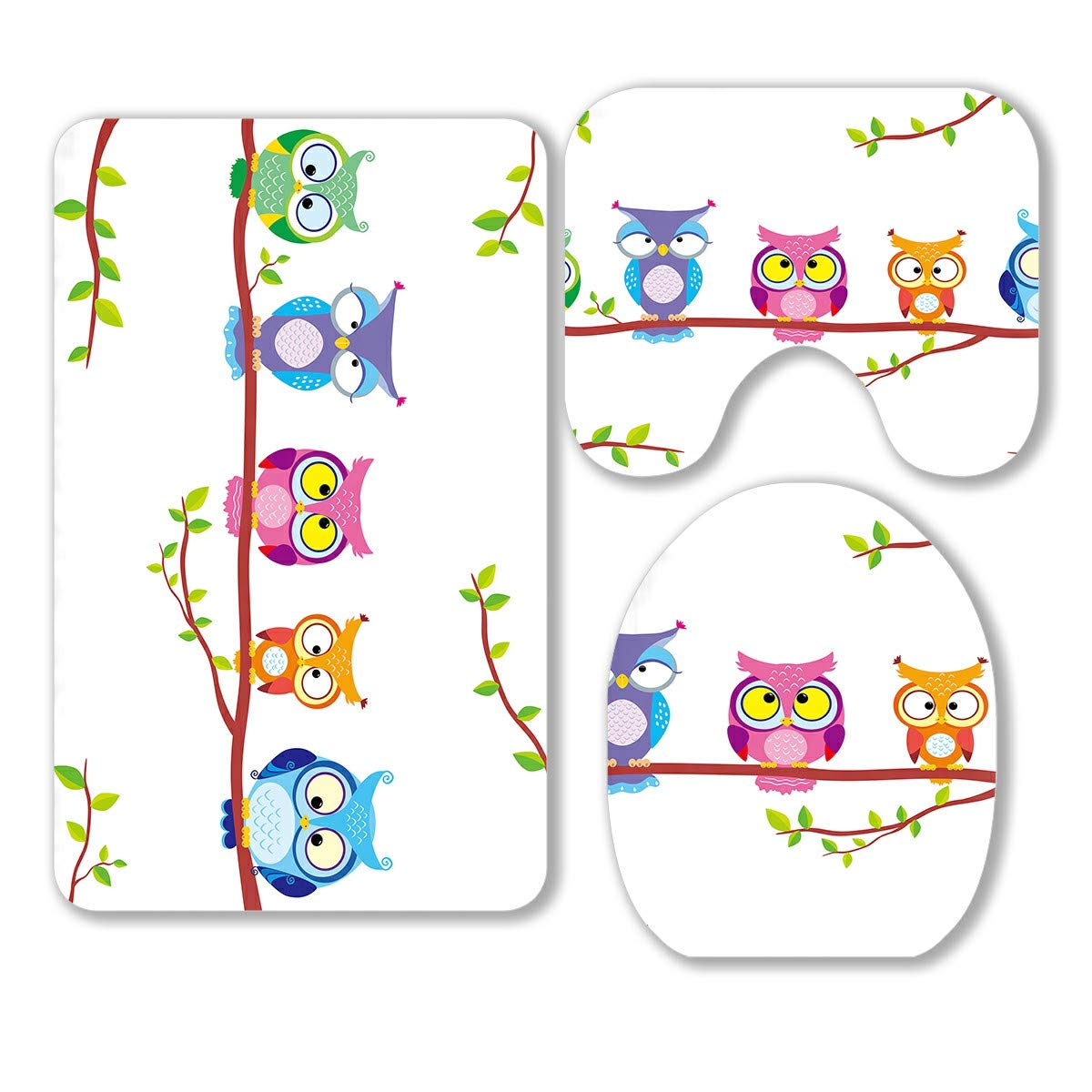 ABPHQTO 5-Piece Funny Owl Bathroom Rug Set - Non-Slip Contour Mat & Toilet Lid Cover - Cute Owl Theme Bath Mats for Kids & Adults - Perfect for Bathroom Decor, Gift Ideas