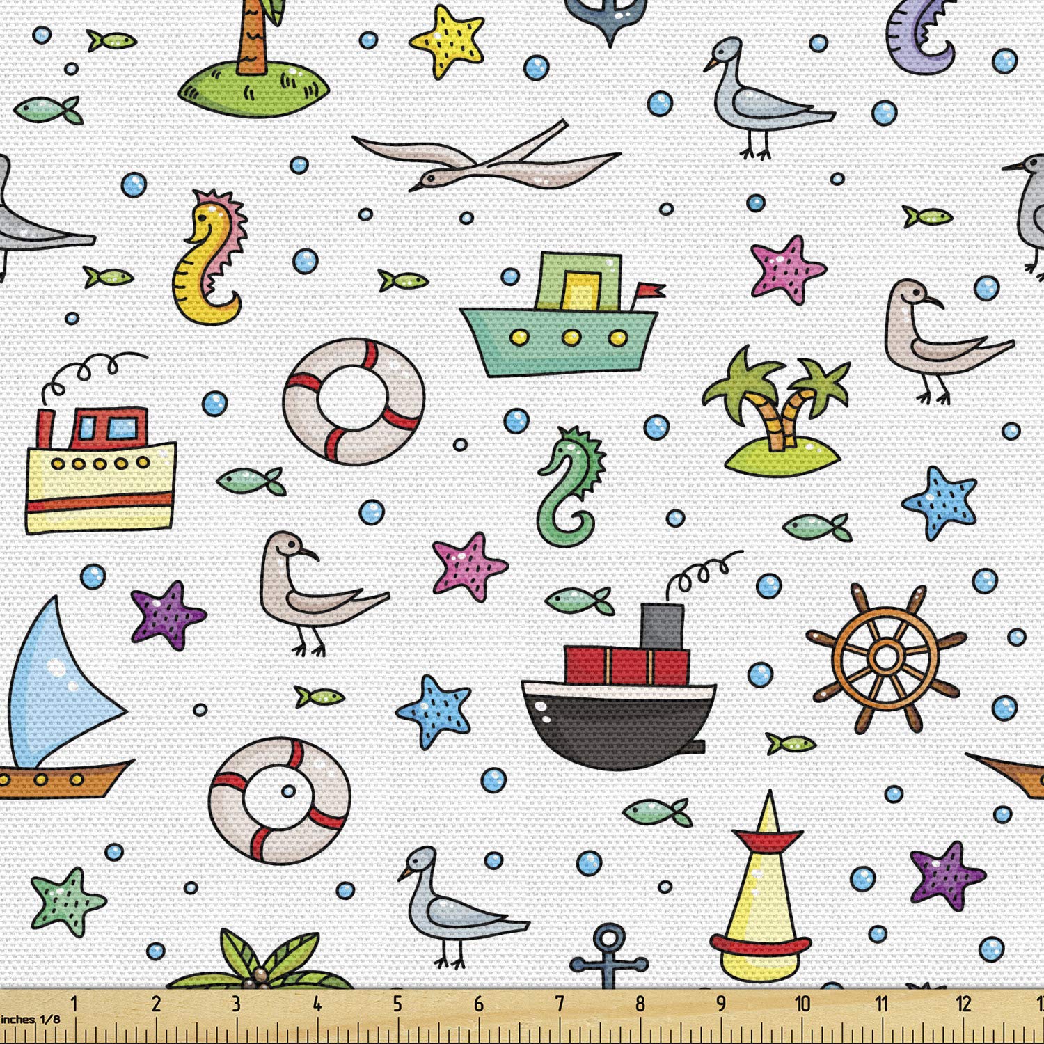 Ambesonne Nautical Cartoon Fabric by The Yard - Ships, Flying Birds, Starfish, Palm Trees & Bubbles Print - 2 Yards Multicolor Decorative Fabric for Upholstery, DIY Projects, Home Decor & Crafting