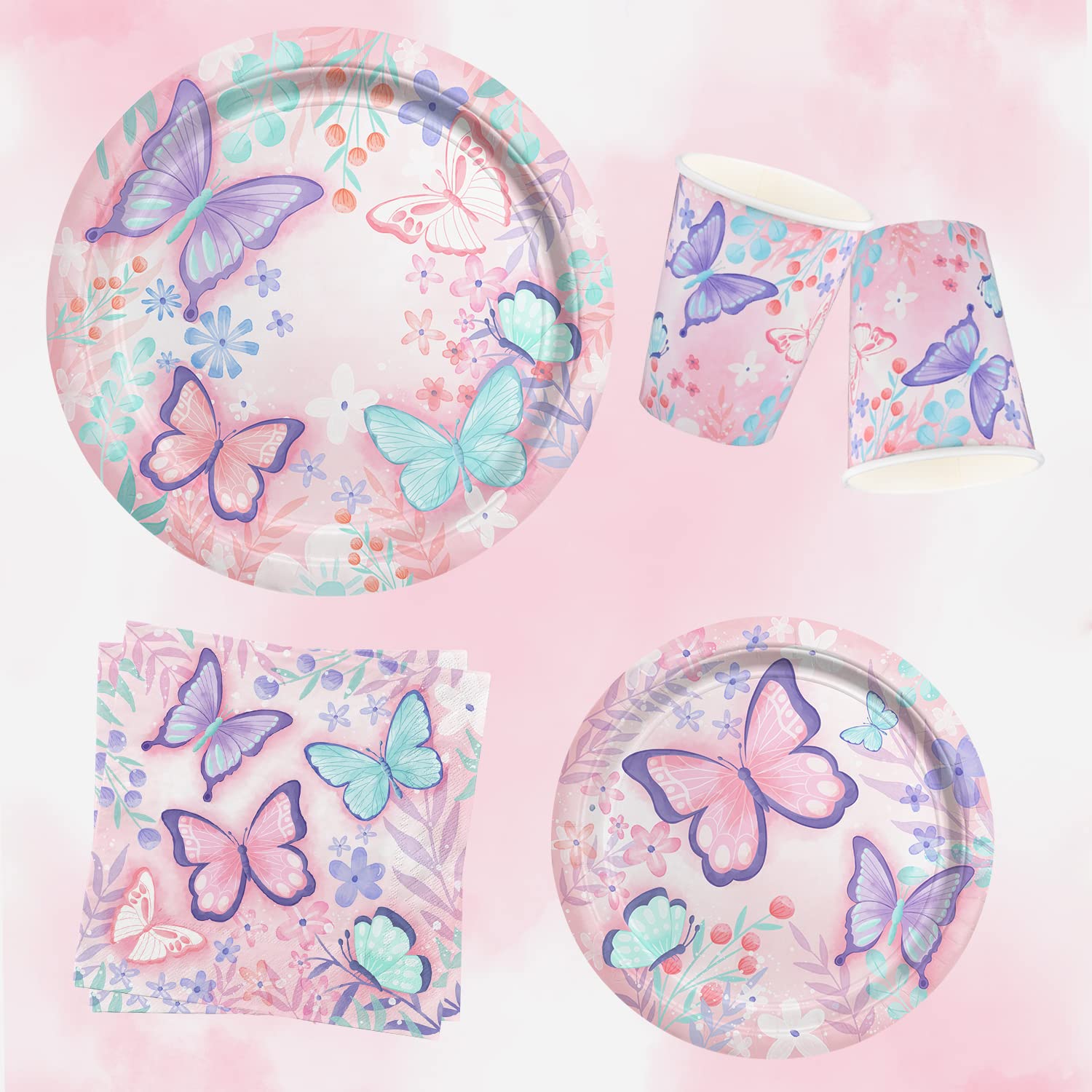 Butterfly Themed Birthday Party Supplies Set - 16-Pack Disposable Paper Plates, Napkins & Cups for Girls Birthday Decorations | Perfect for Garden Parties, Baby Showers & Themed Celebrations