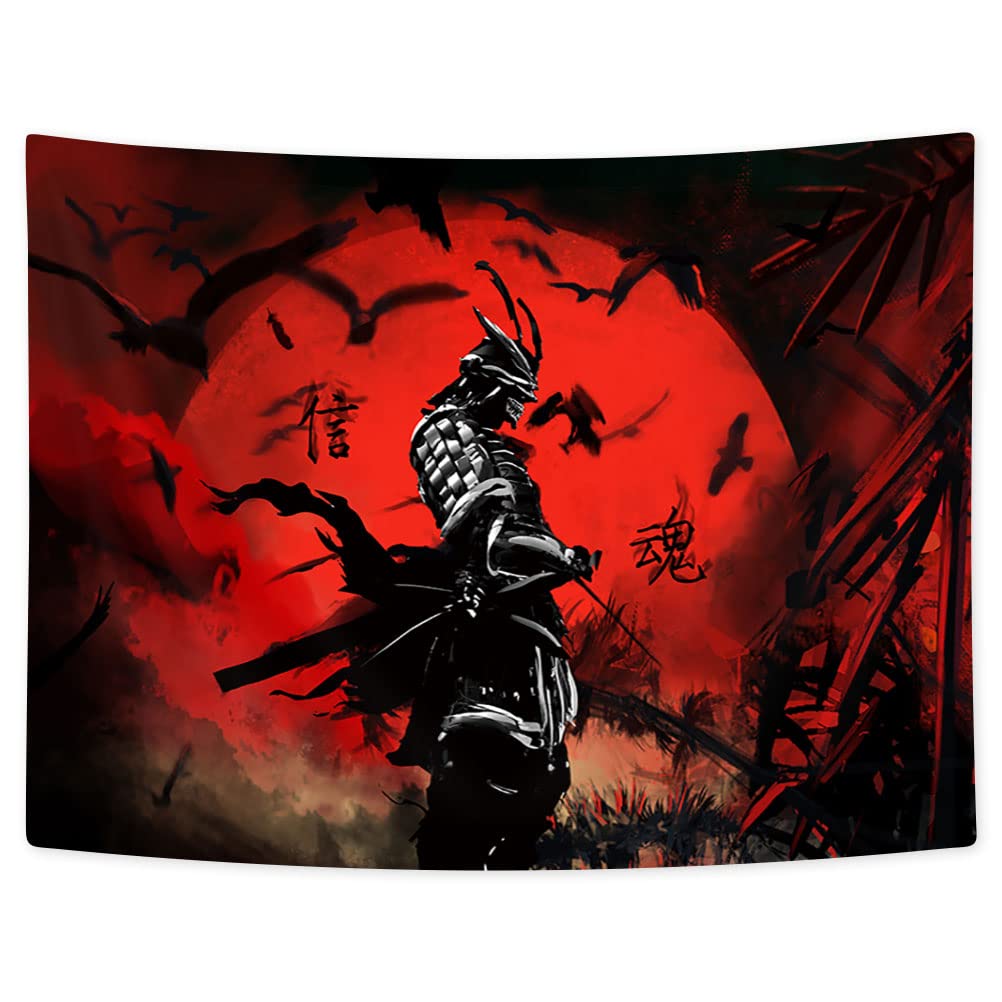 Japanese Samurai Wall Tapestry - 60x40 Inch Anime Samurai Art Hanging for Bedroom, Dorm & Office Decor | Red & Black Cool Poster for Men, Boys | Perfect for Living Room, Gaming Room & Man Cave Decor