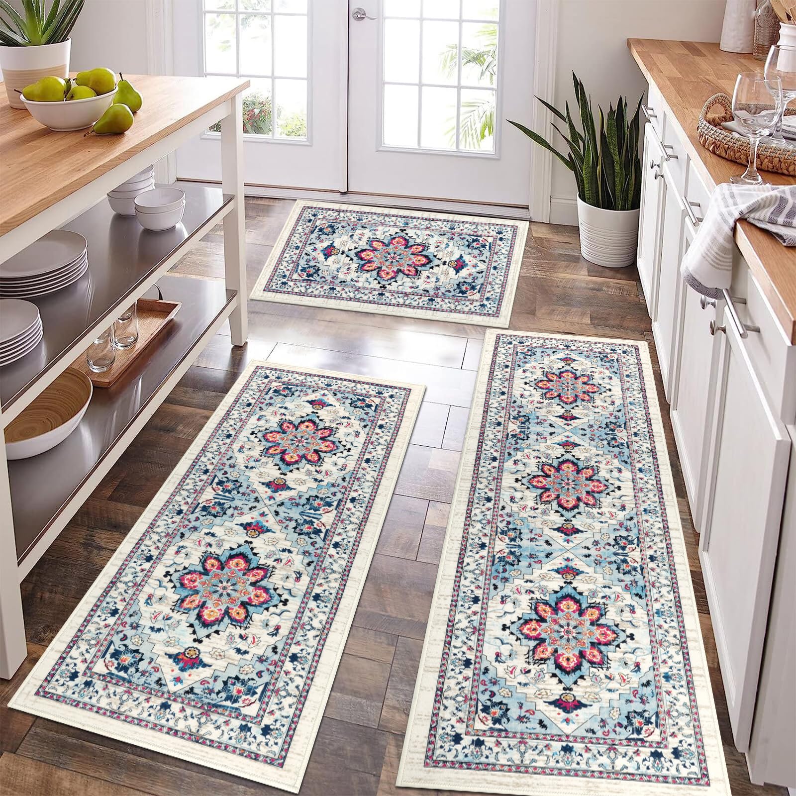 Bsmathom Farmhouse Kitchen Rugs 3-Piece Set with Runner - Washable Non-Slip Boho Floor Mats for Kitchen, Hallway, Living Room & Office - Perfect for Entryways, High-Traffic Areas & Home Decor