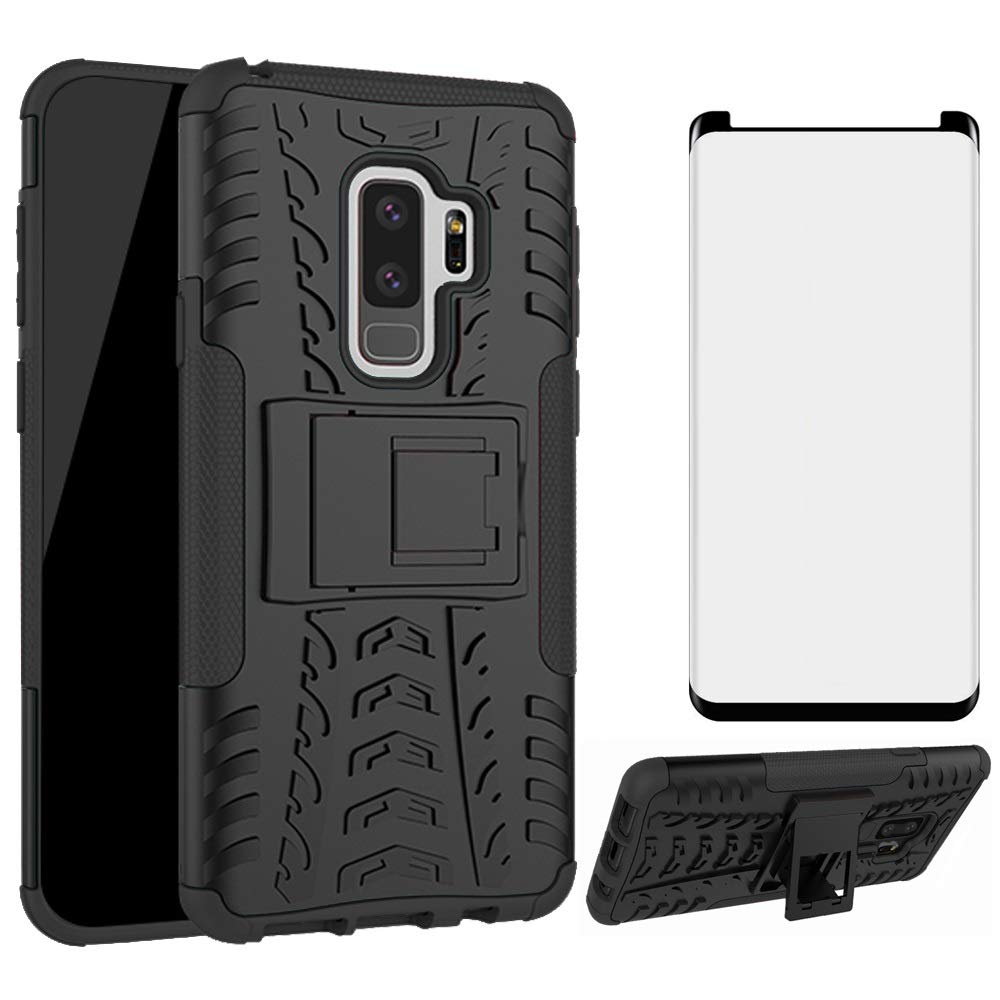 Premium Samsung Galaxy S9 Plus Phone Case with Tempered Glass Screen Protector - Rugged Hybrid Protective Cover with Kickstand for Men (Black) | Perfect for Work, Travel & Everyday Protection