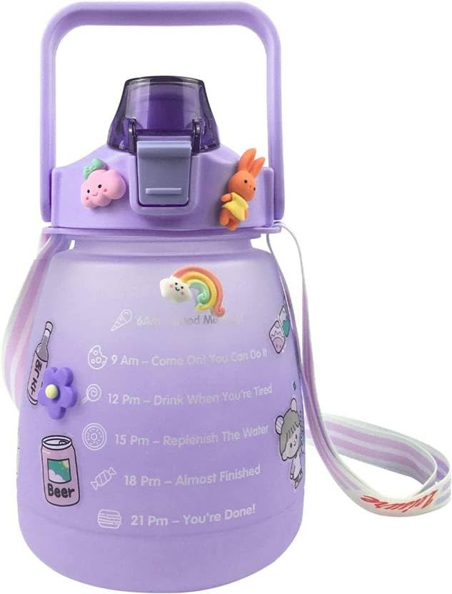 1500ML Motivational Water Bottle with Straw & Shoulder Strap - Kawaii Gym Bottle for Sports, Fitness, School, Camping & Travel - Cute Purple Belly Jug for Hydration On The Go