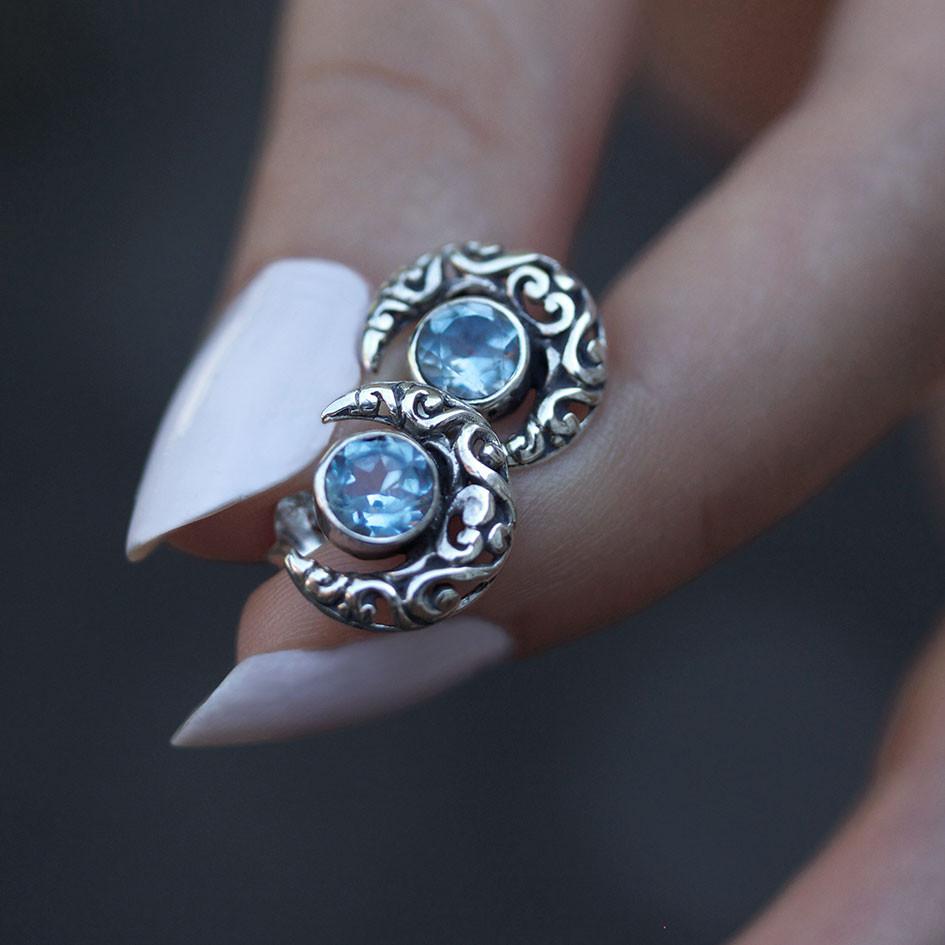 WISDOM Silver Moon Crescent Earrings with Blue Topaz Gemstone – Perfect for Evening Parties, Date Nights & Boho Fashion